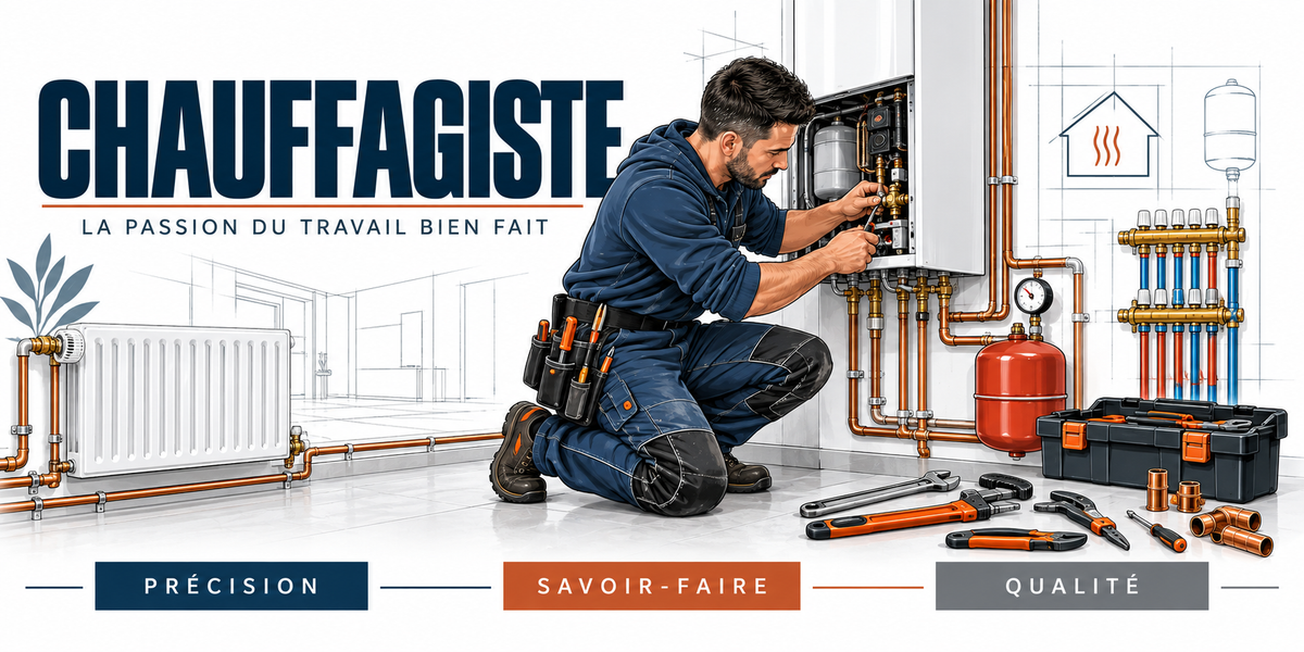 Illustration chauffagiste : homme agenouillé réglant une chaudière murale ouverte, radiateur blanc, vase d'expansion rouge, collecteur en cuivre, caisse à outils et clés, badges Précision Savoir-faire Qualité