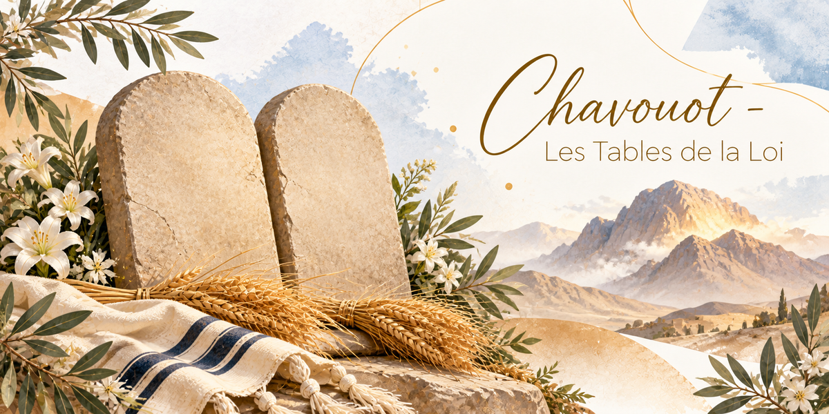 Visuel aquarellé de Chavouot, les deux Tables de la Loi de pierre claire aux sommets arrondis dressées sur un rocher, un talit crème à rayures bleues plié à leur pied, une gerbe d'épis de blé mûr posée devant, des fleurs blanches et des feuillages en bordure, la montagne du Sinaï dans une brume dorée à l'horizon et le titre Chavouot - Les Tables de la Loi en lettres dorées