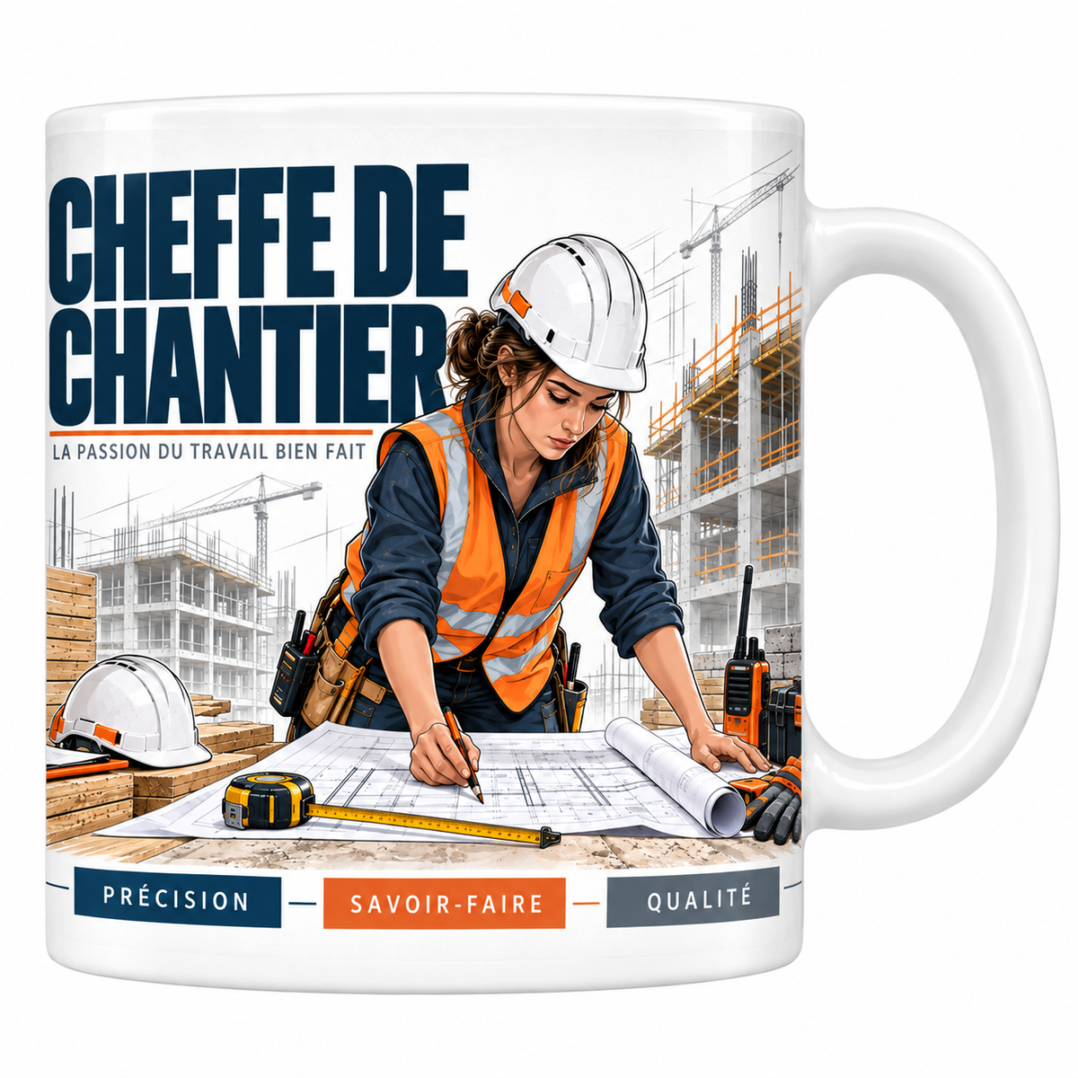 Mug cheffe de chantier en céramique blanche 330 ml, illustration d'une cheffe de chantier casquée en gilet orange déroulant des plans sur un chantier, titre CHEFFE DE CHANTIER bleu marine