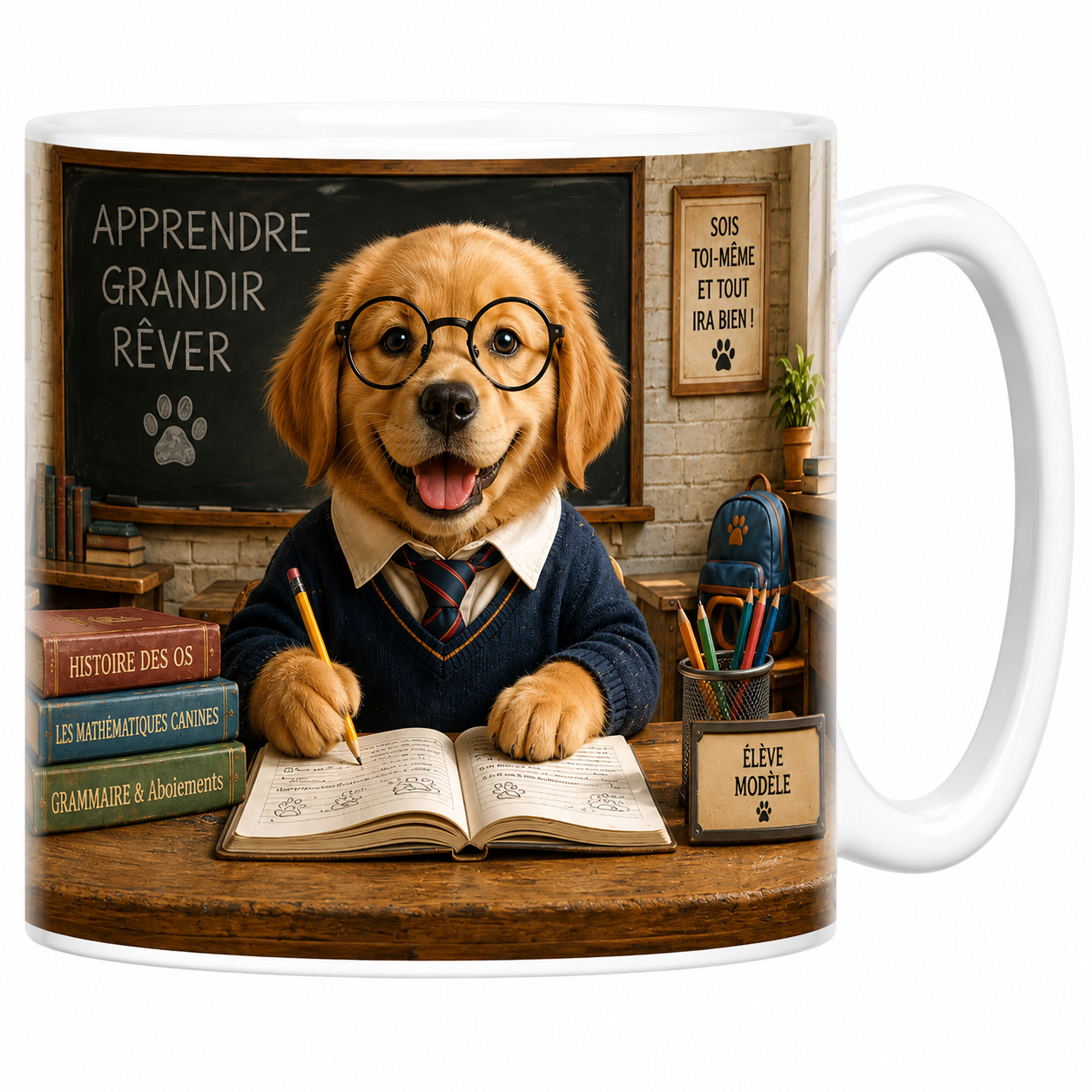Mug chien élève modèle en céramique blanche, chiot sage en classe, Apprendre grandir rêver
