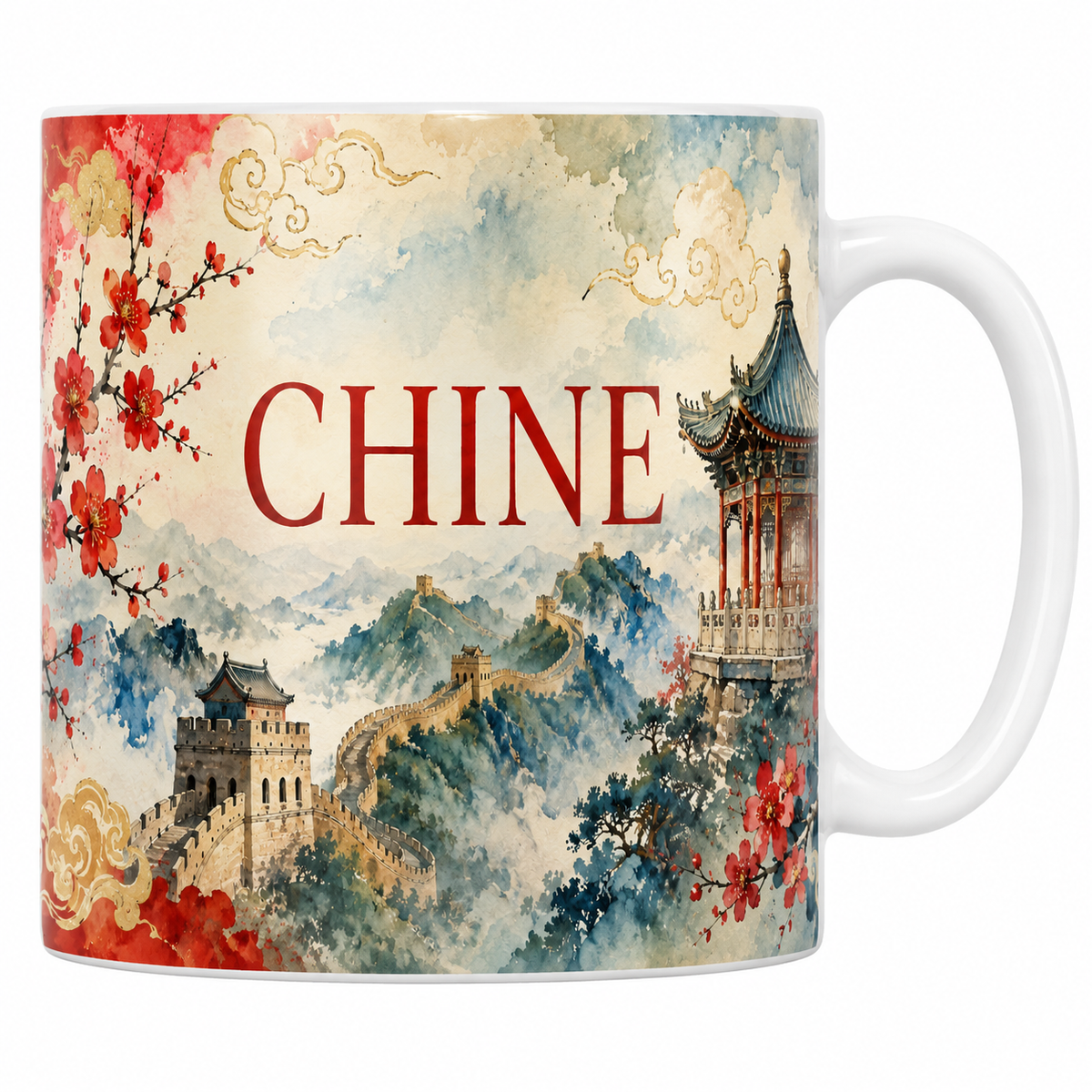 Mug céramique 330 ml Chine : Grande Muraille, pavillon impérial et fleurs de prunier rouges en aquarelle