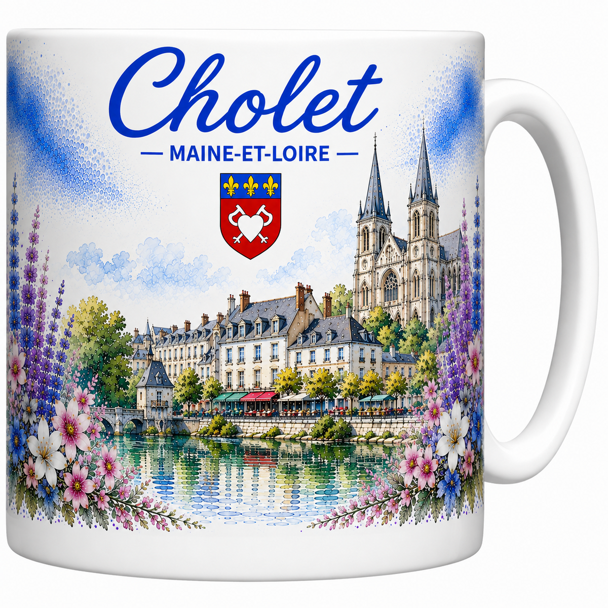 Mug céramique blanc Cholet Maine-et-Loire : église du Sacré-Cœur, quais de la Moine et blason au cœur en aquarelle