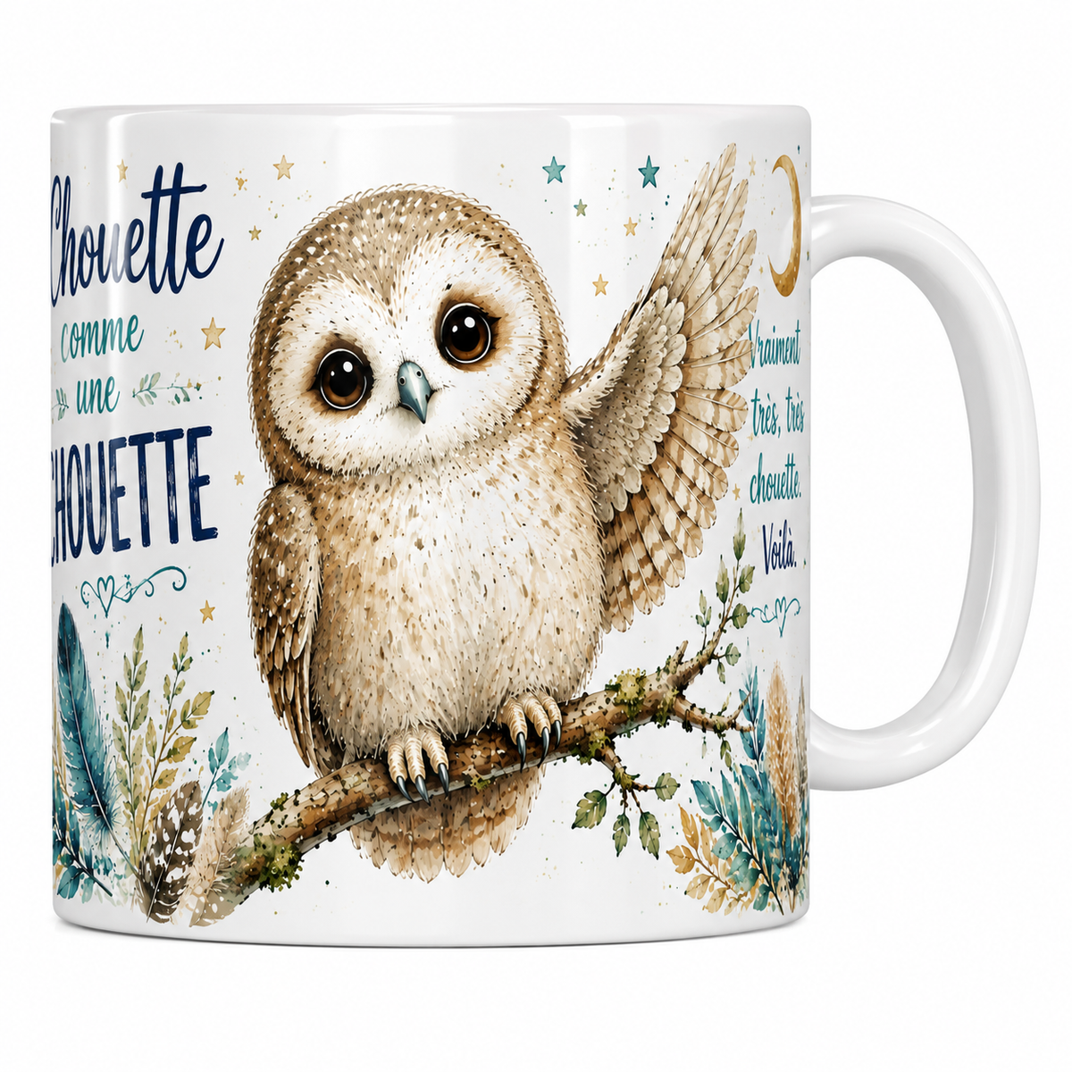 Mug céramique 330 ml « Chouette comme une chouette » : chouette crème aile déployée