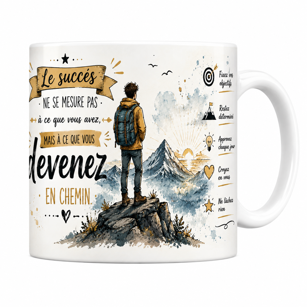 Mug motivation 330 ml, randonneur au sommet face au lever de soleil, aquarelle bleu et or