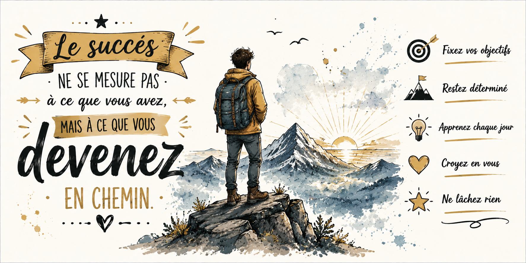 Visuel citation succès : randonneur au sommet, soleil levant, fixez vos objectifs et croyez en vous