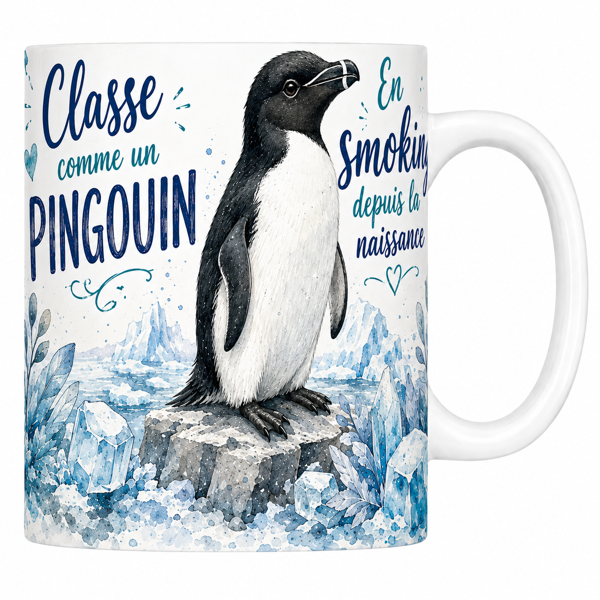 Mug céramique blanc « Classe comme un pingouin », pingouin sur la banquise à l'aquarelle