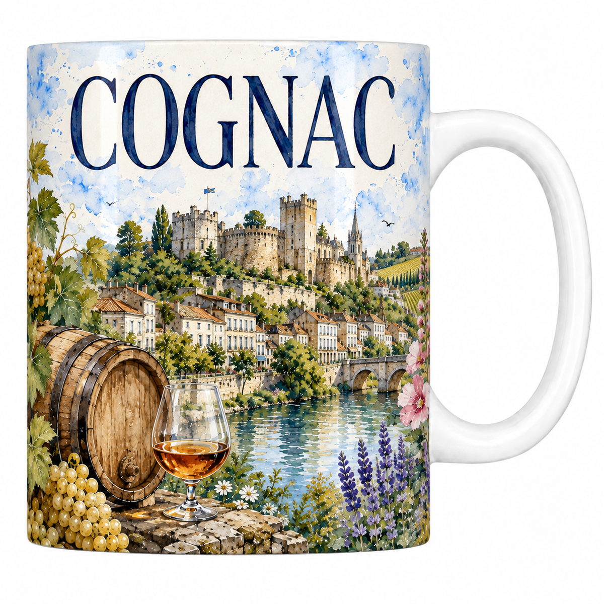 Mug céramique 330 ml « COGNAC » : château, Charente, barrique et verre tulipe