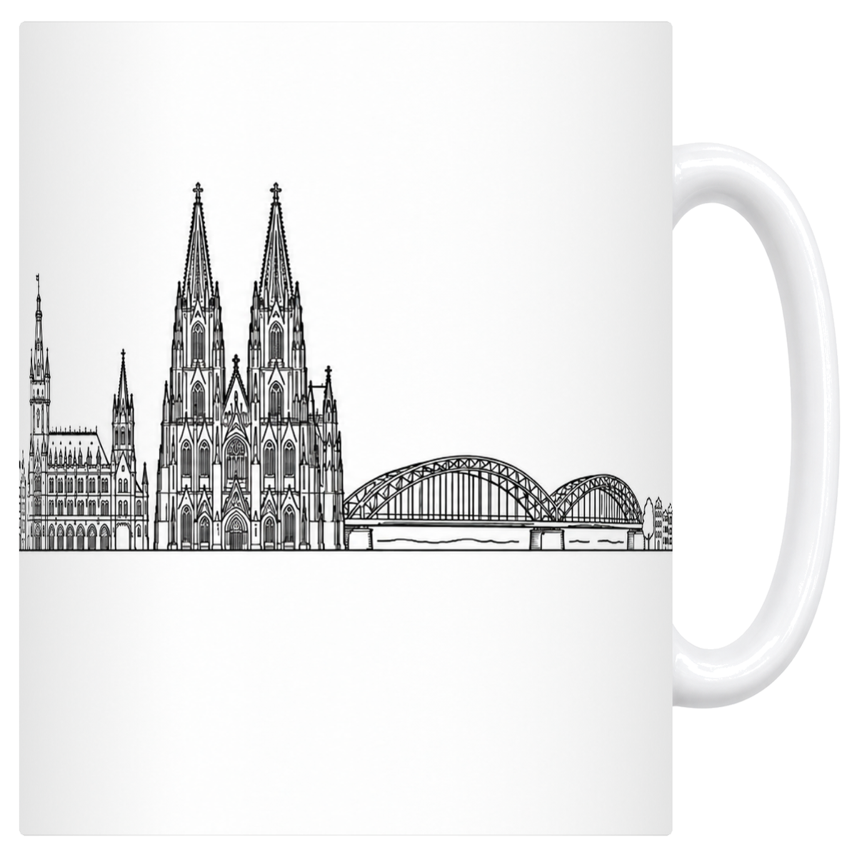 Mug blanc en céramique 330 ml illustré du skyline de Cologne au trait noir : l'hôtel de ville et sa tour gothique, la cathédrale et ses deux flèches ajourées et le pont ferroviaire en arcs d'acier