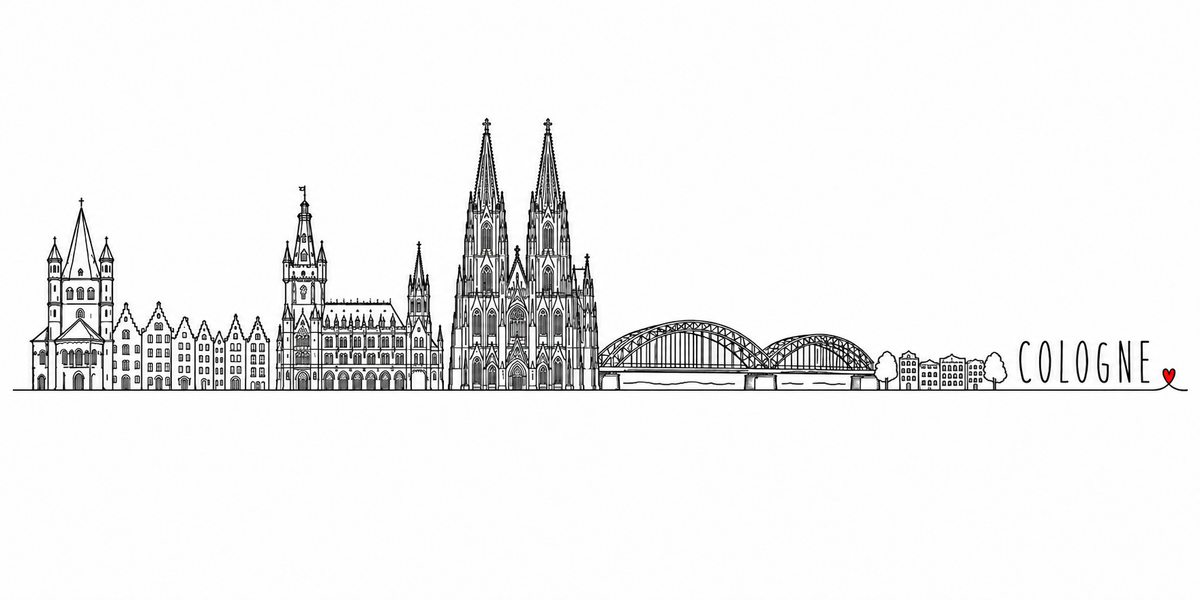 Skyline de Cologne dessiné au trait noir continu, de gauche à droite : l'église romane à flèche et tourelles, les maisons à pignons à redents, l'hôtel de ville et sa tour gothique à girouette, la cathédrale et ses deux flèches ajourées, le pont ferroviaire en arcs d'acier, les maisons basses du quai et un arbre — avec le nom COLOGNE en capitales espacées et un petit cœur rouge