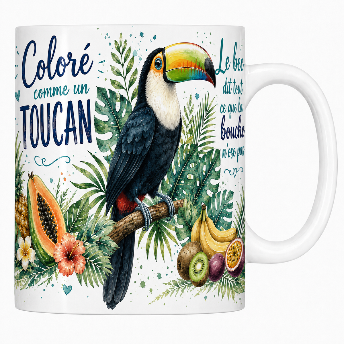 Mug céramique blanc « Coloré comme un toucan », toucan au bec arc-en-ciel à l'aquarelle