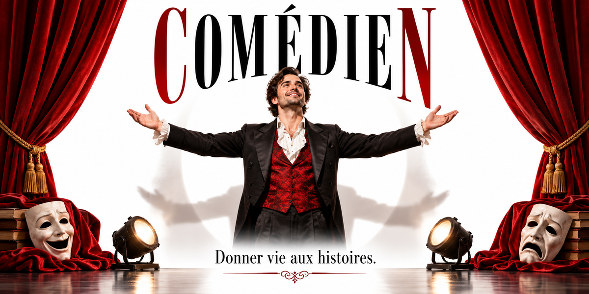 Visuel comédien : le mot COMÉDIEN en grandes capitales noires dont le C et le N sont rouges, la devise Donner vie aux histoires en dessous, un comédien en costume noir et gilet rouge, bras grands ouverts, debout sur une scène au plancher réfléchissant, de lourds rideaux de velours rouge à embrasses dorées de part et d'autre, deux masques de théâtre, celui du rire et celui des larmes, et deux projecteurs de scène posés au sol