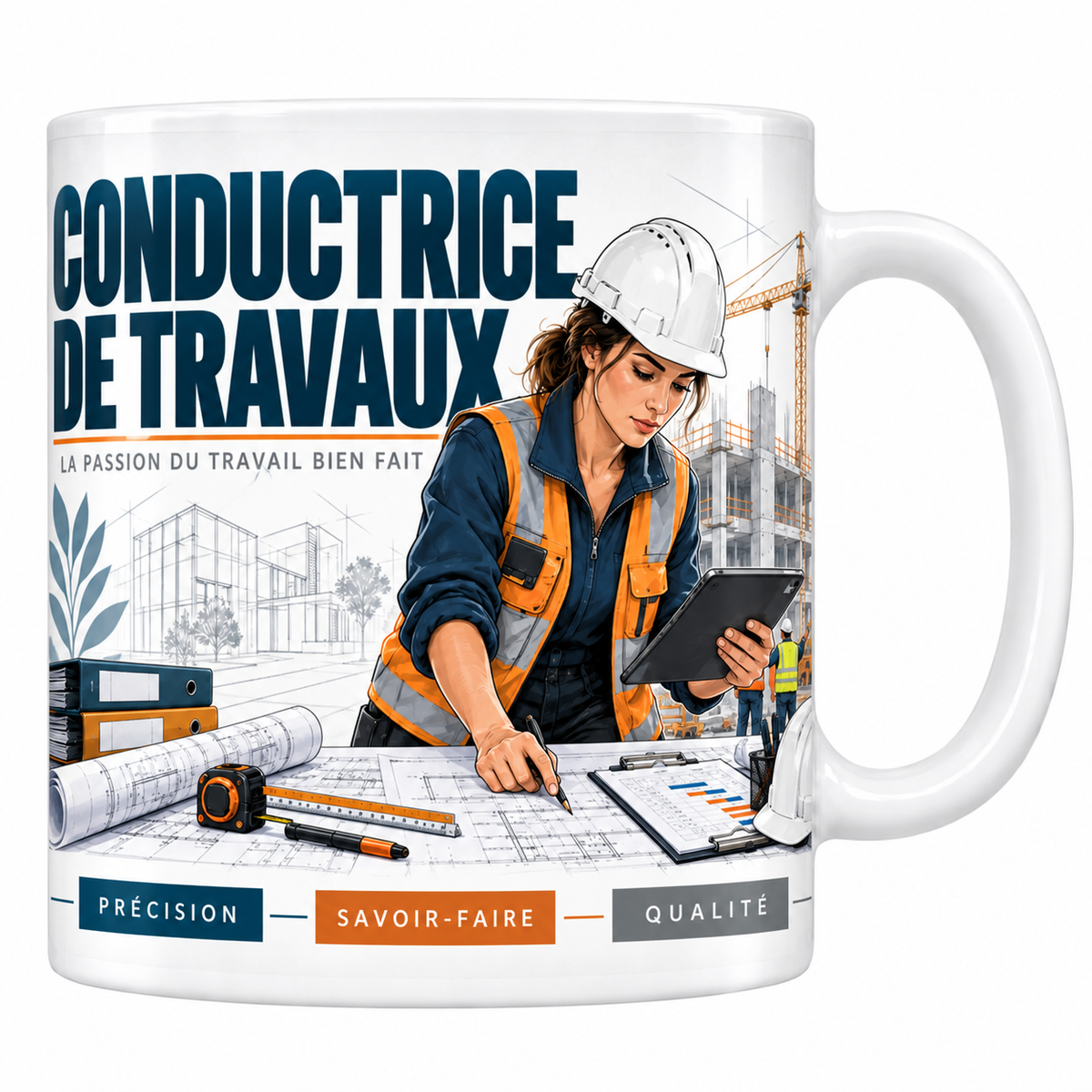 Mug conductrice de travaux en céramique blanche 330 ml, illustration d'une conductrice de travaux casquée tablette en main devant des plans et un chantier, titre CONDUCTRICE DE TRAVAUX bleu marine