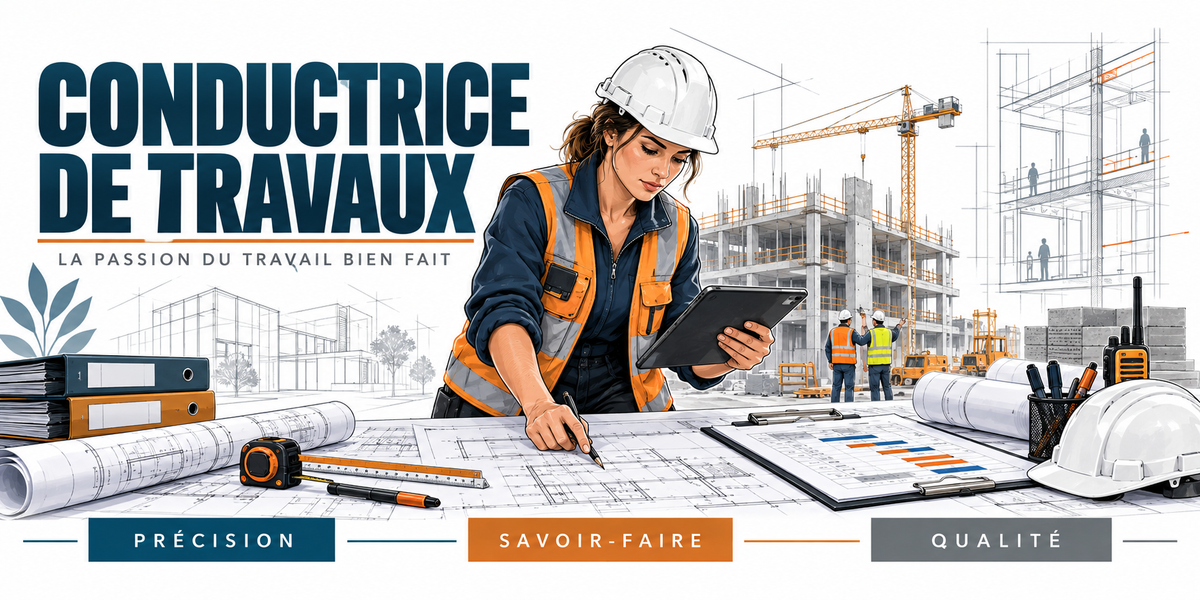 Illustration conductrice de travaux : femme en casque blanc et gilet orange avec une tablette au-dessus de plans, classeurs, planning et chantier avec grues en fond