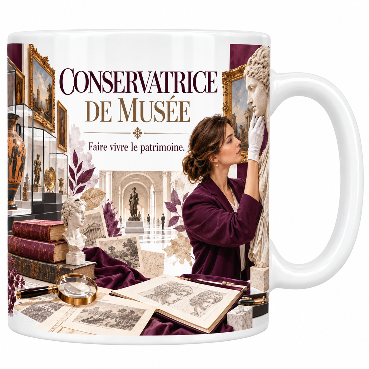 Mug conservatrice de musée en céramique blanche 330 ml, le mot CONSERVATRICE en capitales bordeaux et DE MUSÉE en doré, la devise Faire vivre le patrimoine, une conservatrice en veste bordeaux et gants blancs examinant une statue antique, des vitrines et des livres reliés