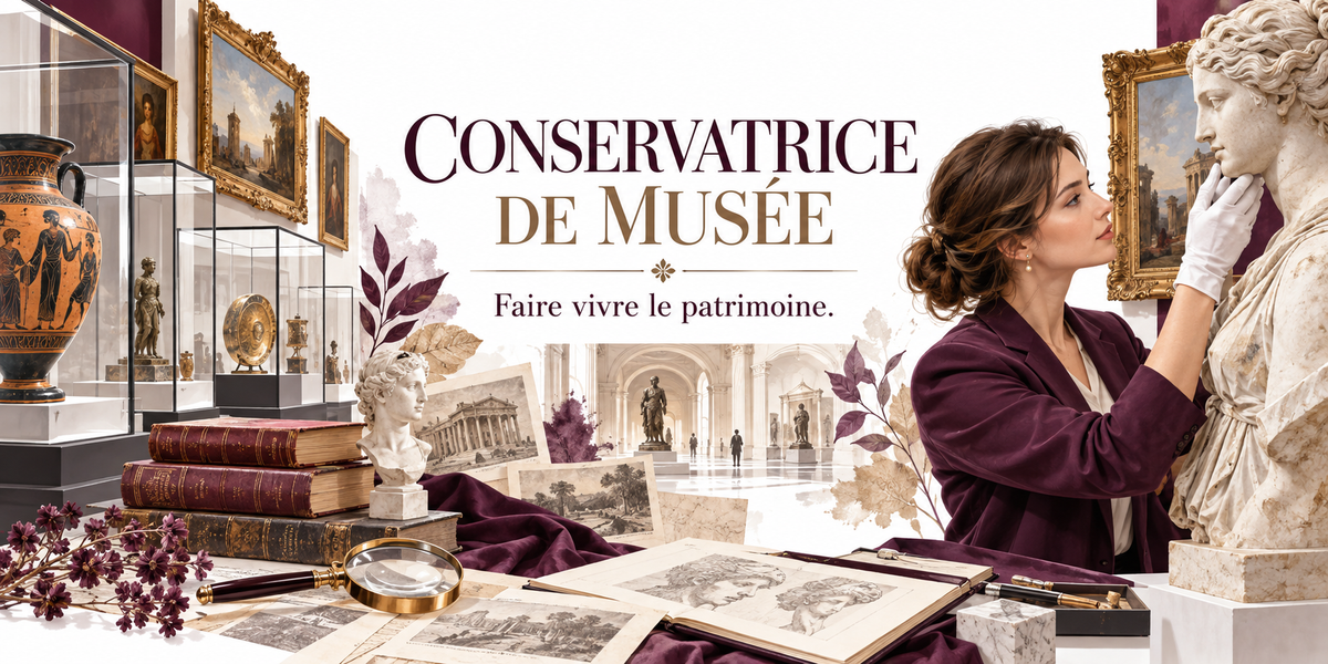 Visuel conservatrice de musée : le mot CONSERVATRICE en grandes capitales bordeaux et DE MUSÉE en capitales dorées, la devise Faire vivre le patrimoine sous un filet, une conservatrice au chignon en veste de velours bordeaux et gants blancs examinant le visage d'une statue antique en marbre, des vitrines abritant un vase grec à figures rouges et des bronzes, des tableaux en cadres dorés, une pile de livres reliés bordeaux, une loupe à manche, des gravures anciennes et un carton à dessins ouvert