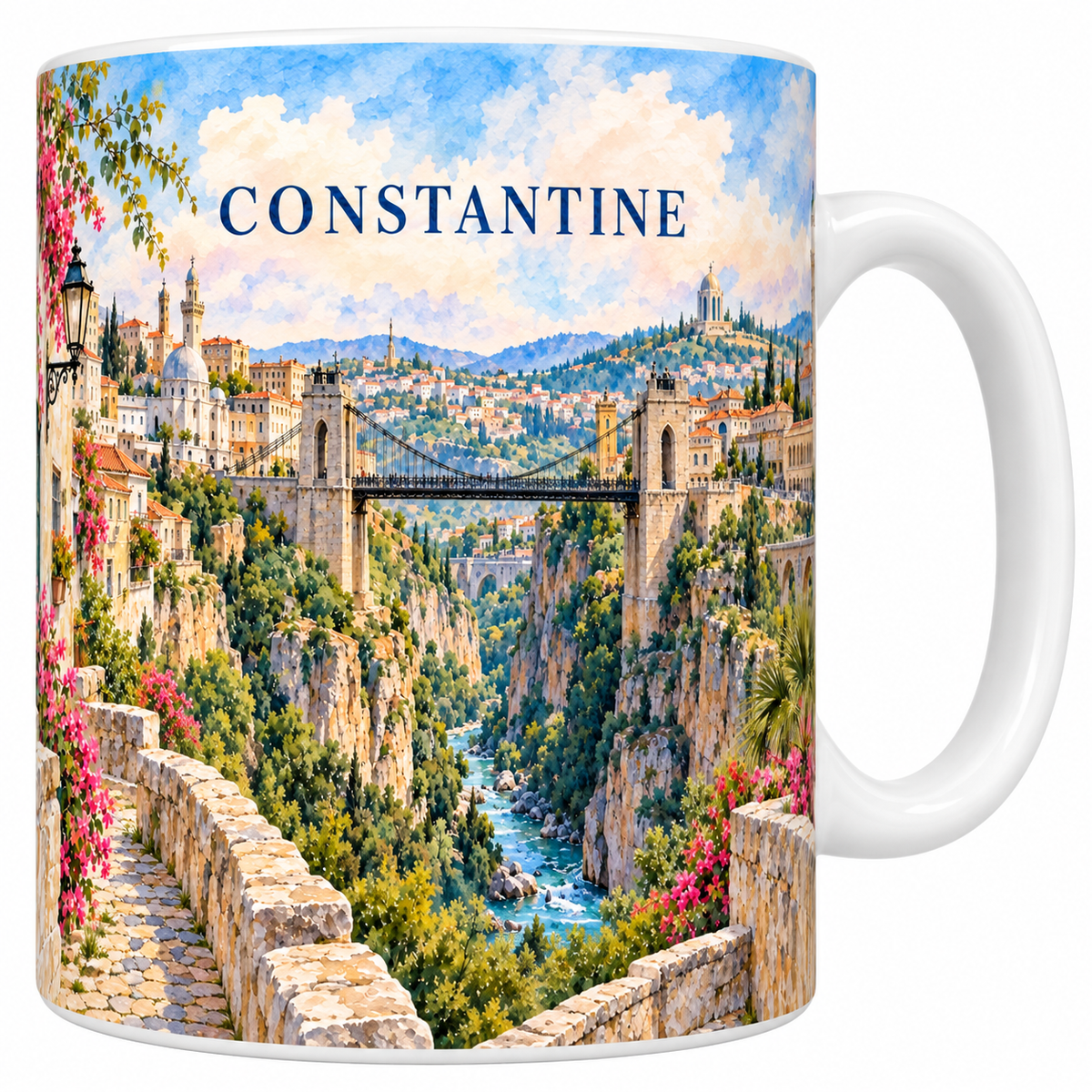 Mug blanc Constantine aquarelle avec les gorges du Rhumel et le pont suspendu