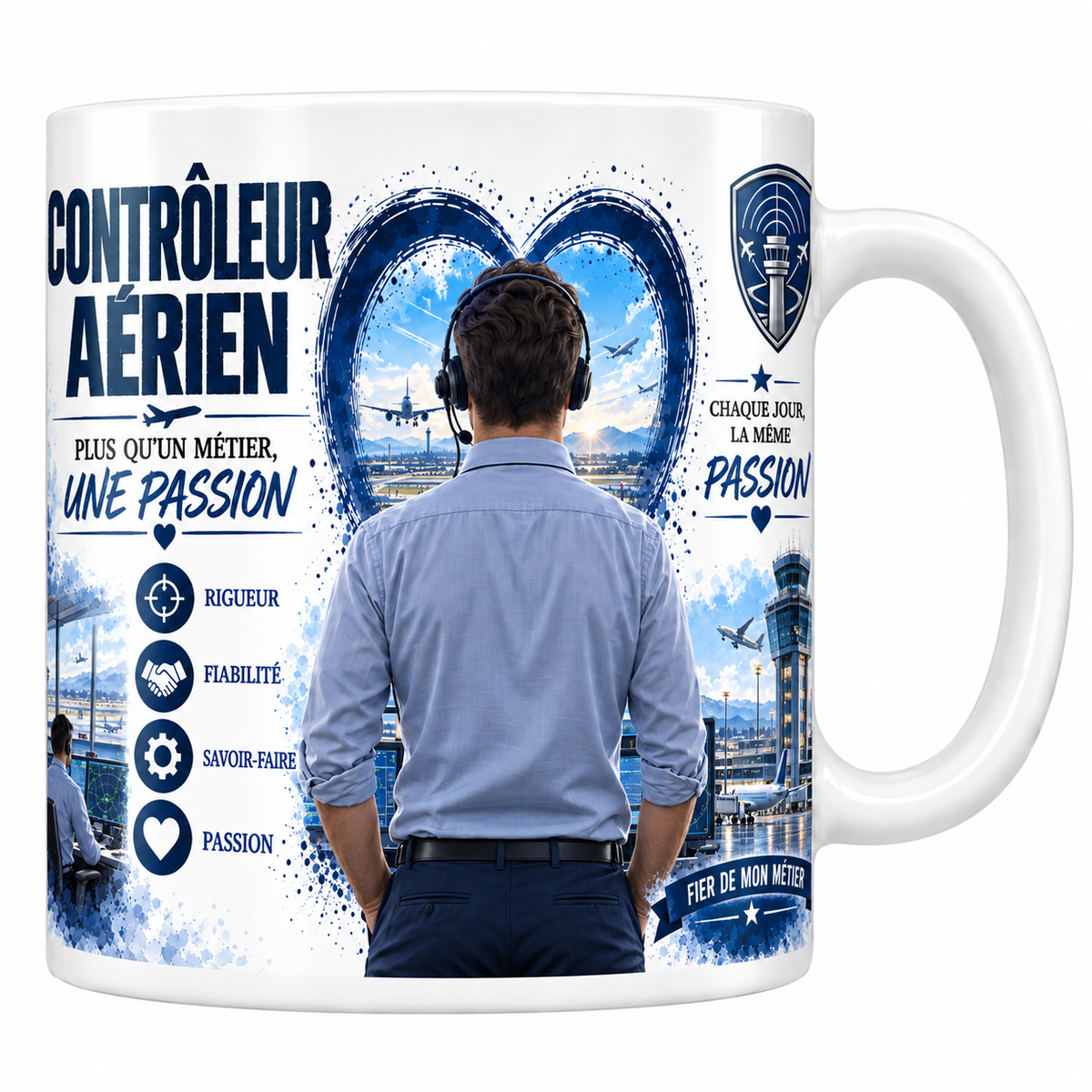 Mug contrôleur aérien en céramique blanche 330 ml, affiche CONTRÔLEUR AÉRIEN en grand, un contrôleur en chemise claire et casque-micro vu de dos, blason bleu nuit à la tour de contrôle, quatre valeurs rigueur, fiabilité, savoir-faire, passion