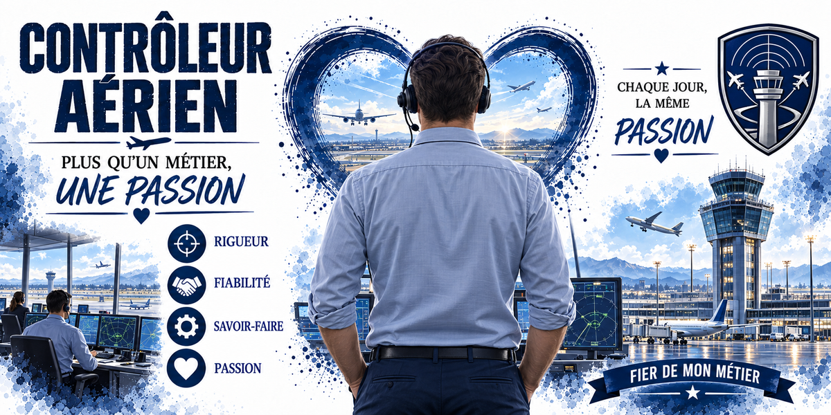 Affiche contrôleur aérien : les mots CONTRÔLEUR AÉRIEN en capitales bleu marine, un contrôleur en chemise bleu clair aux manches retroussées et casque-micro vu de dos, cœur photo sur un ciel d'aéroport, poste de contrôle à quatre écrans radar avec un opérateur assis à gauche, tour de contrôle vitrée et avion au décollage devant des montagnes, blason bleu nuit à la tour et aux ailes, quatre pastilles — rigueur, fiabilité, savoir-faire, passion — et le bandeau FIER DE MON MÉTIER