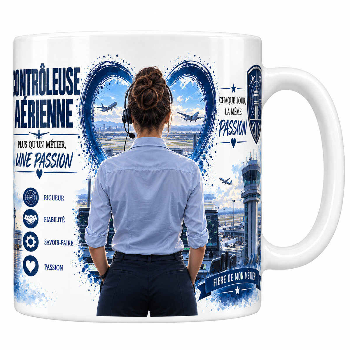Mug contrôleuse aérienne en céramique blanche 330 ml, affiche CONTRÔLEUSE AÉRIENNE en grand, une contrôleuse en chemise claire et casque-micro vue de dos, blason bleu nuit à la tour de contrôle, quatre valeurs rigueur, fiabilité, savoir-faire, passion