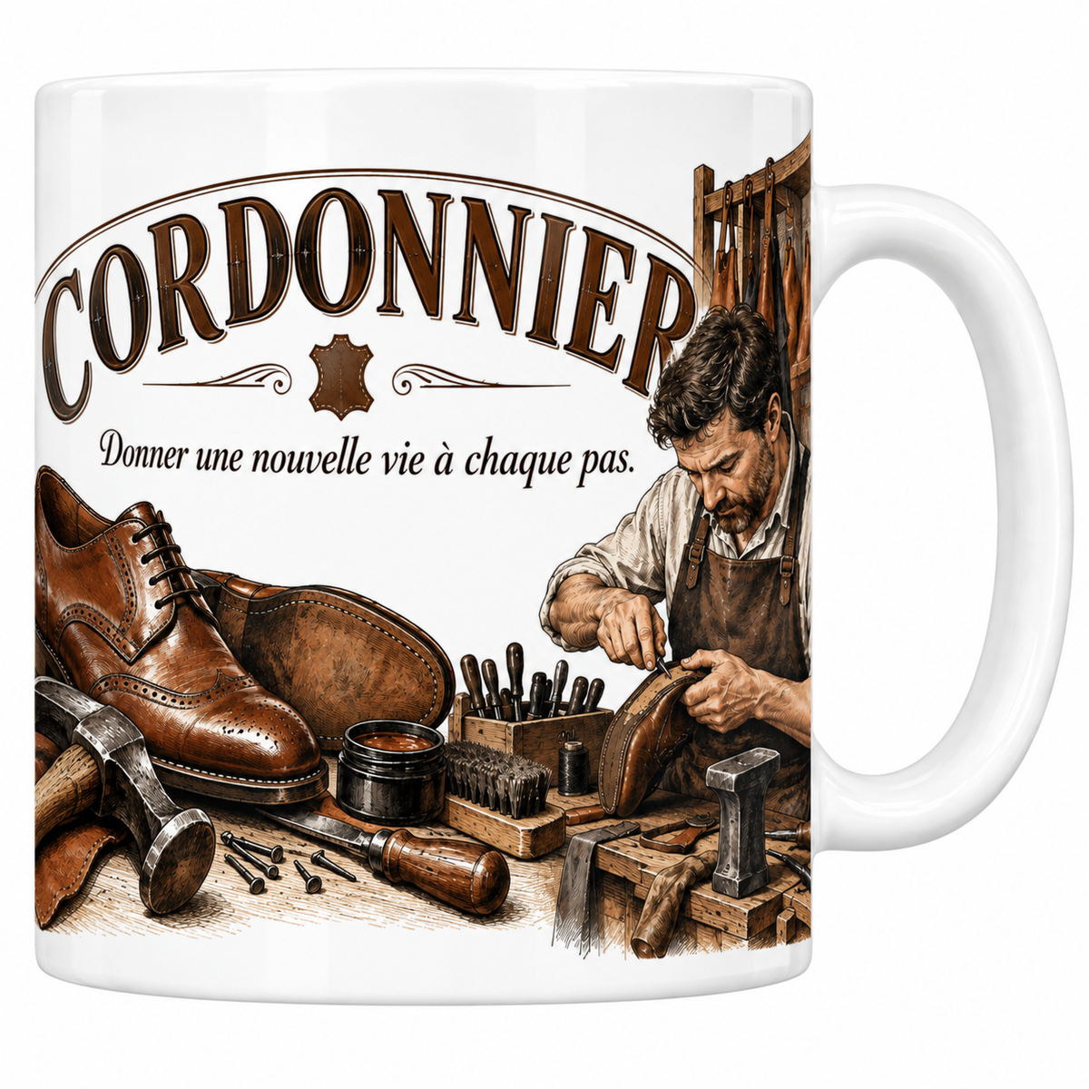 Mug cordonnier en céramique blanche 330 ml, le mot CORDONNIER en grandes capitales brunes sur une banderole arquée, la devise manuscrite Donner une nouvelle vie à chaque pas, une chaussure de cuir, un marteau et un pot de cirage, un cordonnier en tablier de cuir travaillant à son établi