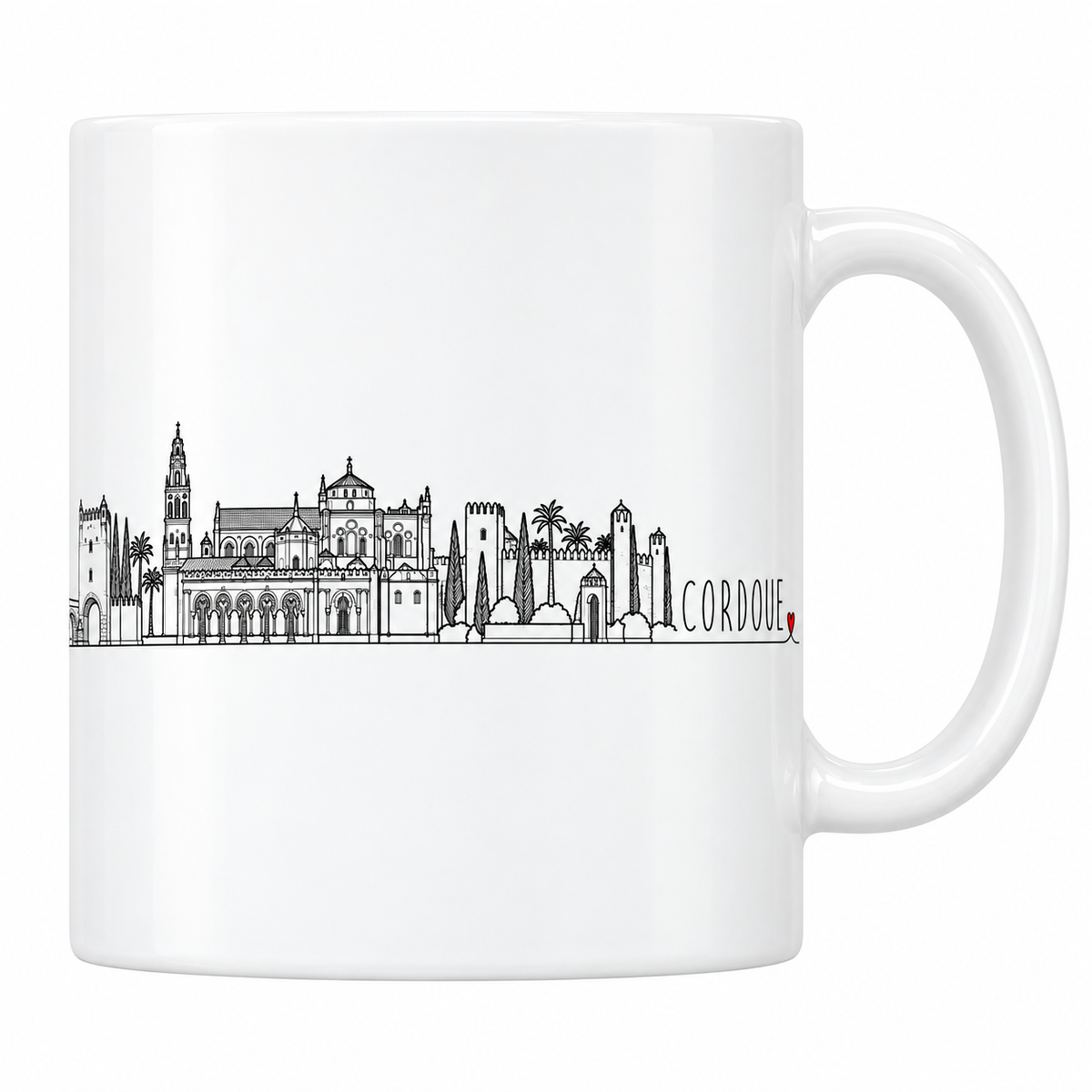 Mug blanc en céramique 330 ml illustré du skyline de Cordoue au trait noir : le pont à arches, le clocher-minaret, le long corps de la mosquée et ses arcs bicolores, et les tours crénelées de l'alcazar