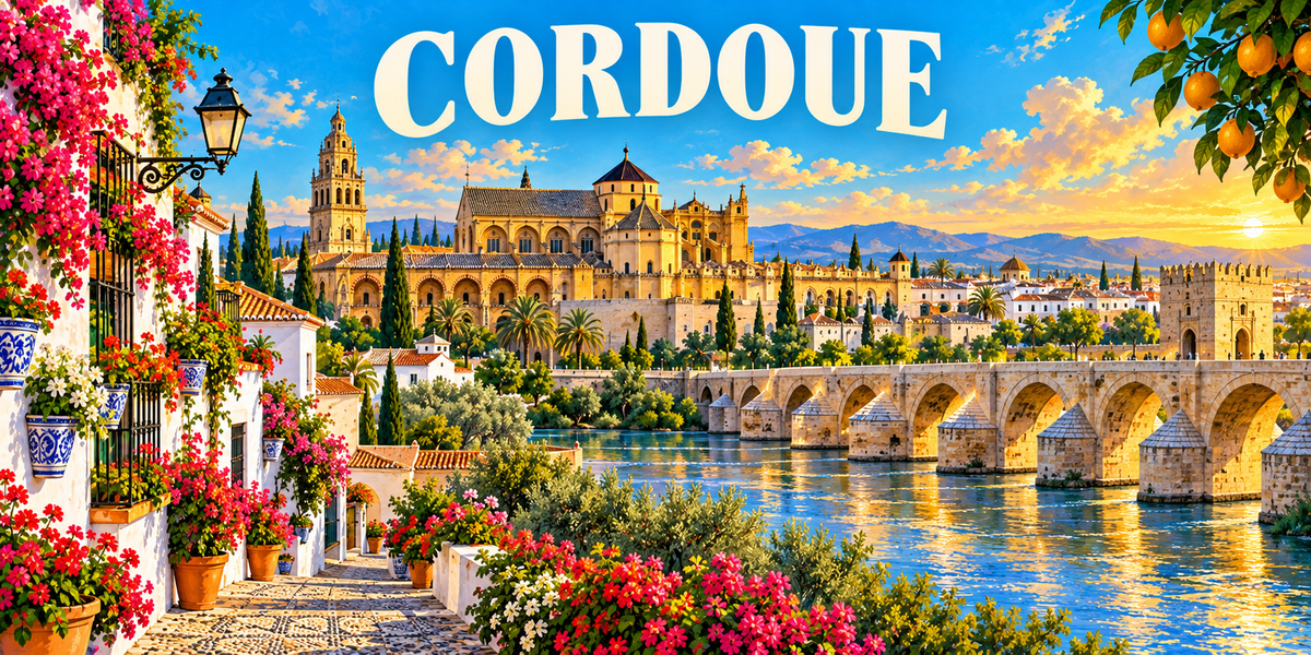 Affiche illustrée de Cordoue : ruelle blanche fleurie, Mosquée-Cathédrale, clocher-minaret, pont romain sur le Guadalquivir et oranger