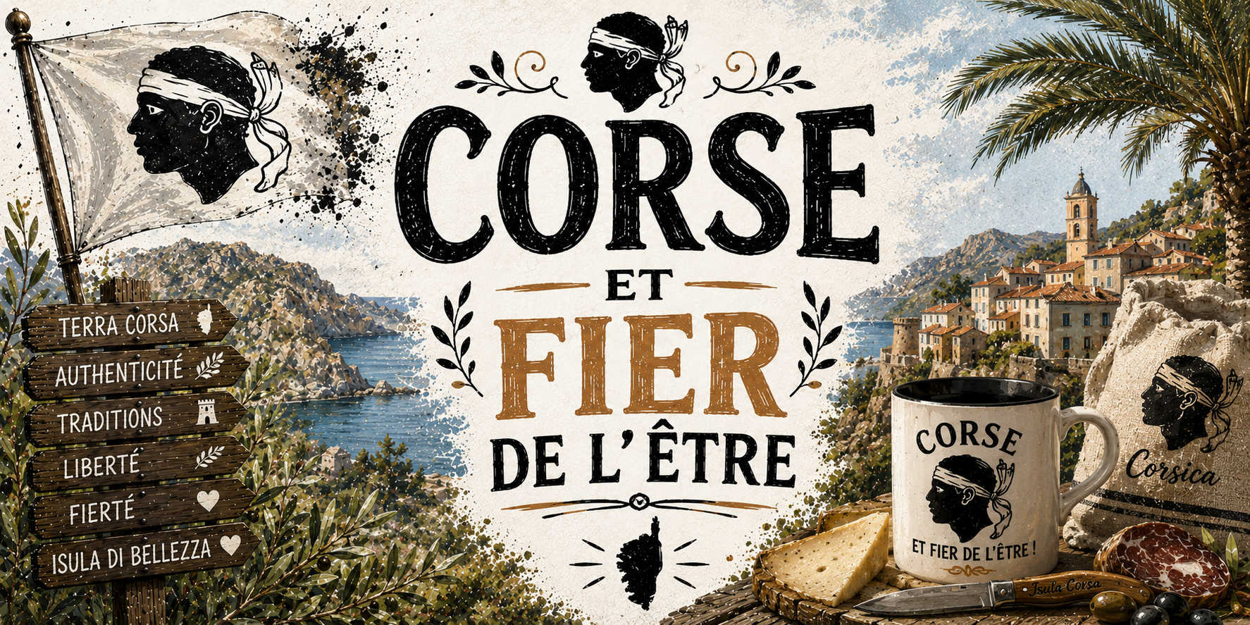 Visuel Corse et fier de l'être : tête de Maure, calanque, village perché, fromage, figatellu et olives