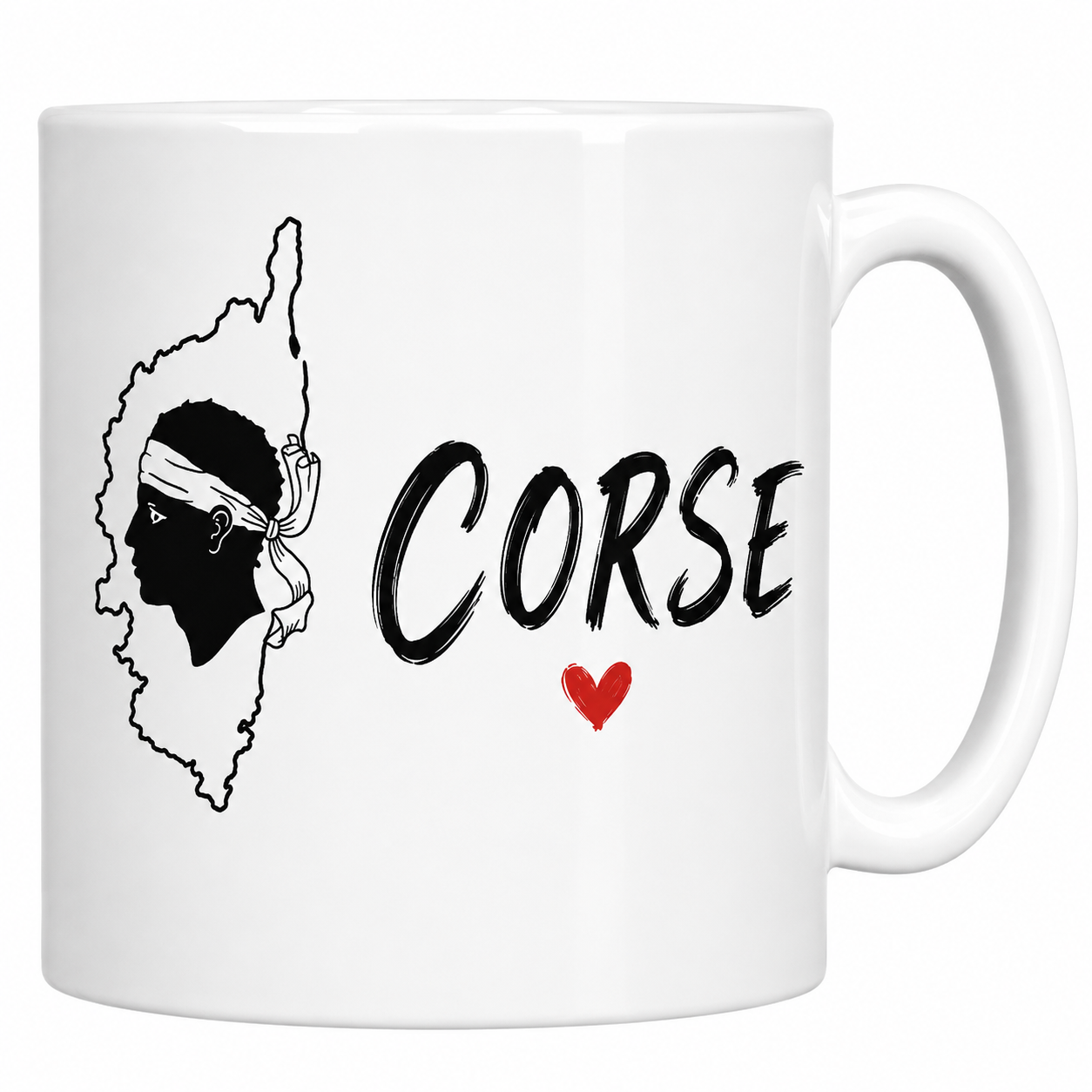 Mug Corse en céramique blanche, carte de l'île habitée par la tête de Maure et cœur rouge