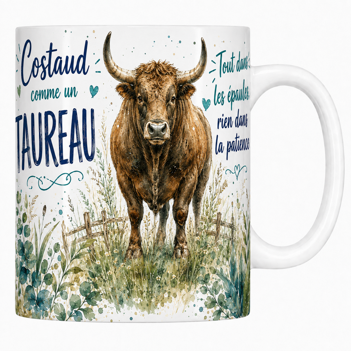 Mug céramique blanc « Costaud comme un taureau », taureau brun aux cornes écartées à l'aquarelle