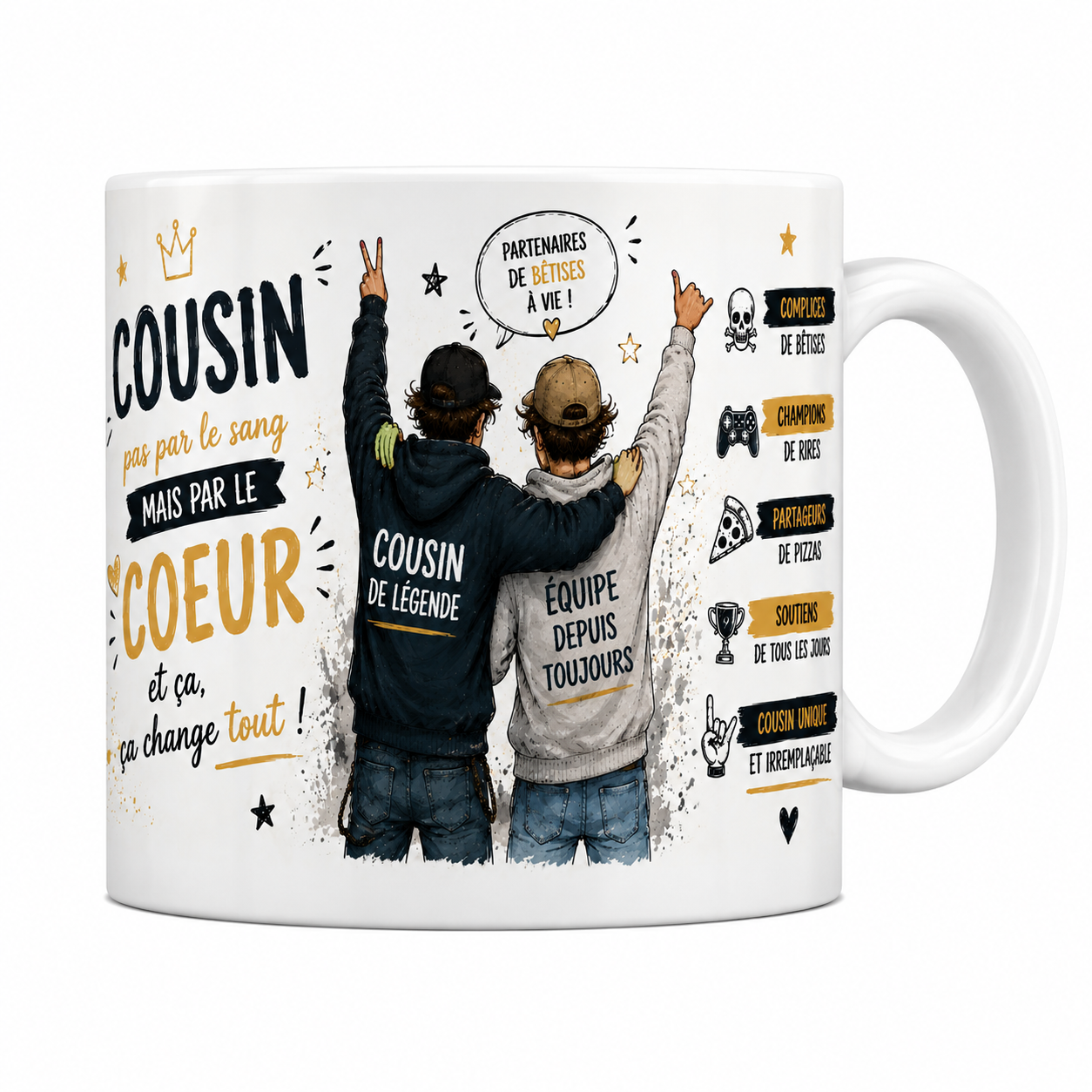 Mug cousin 330 ml, deux cousins de dos bras levés, casquette et capuche