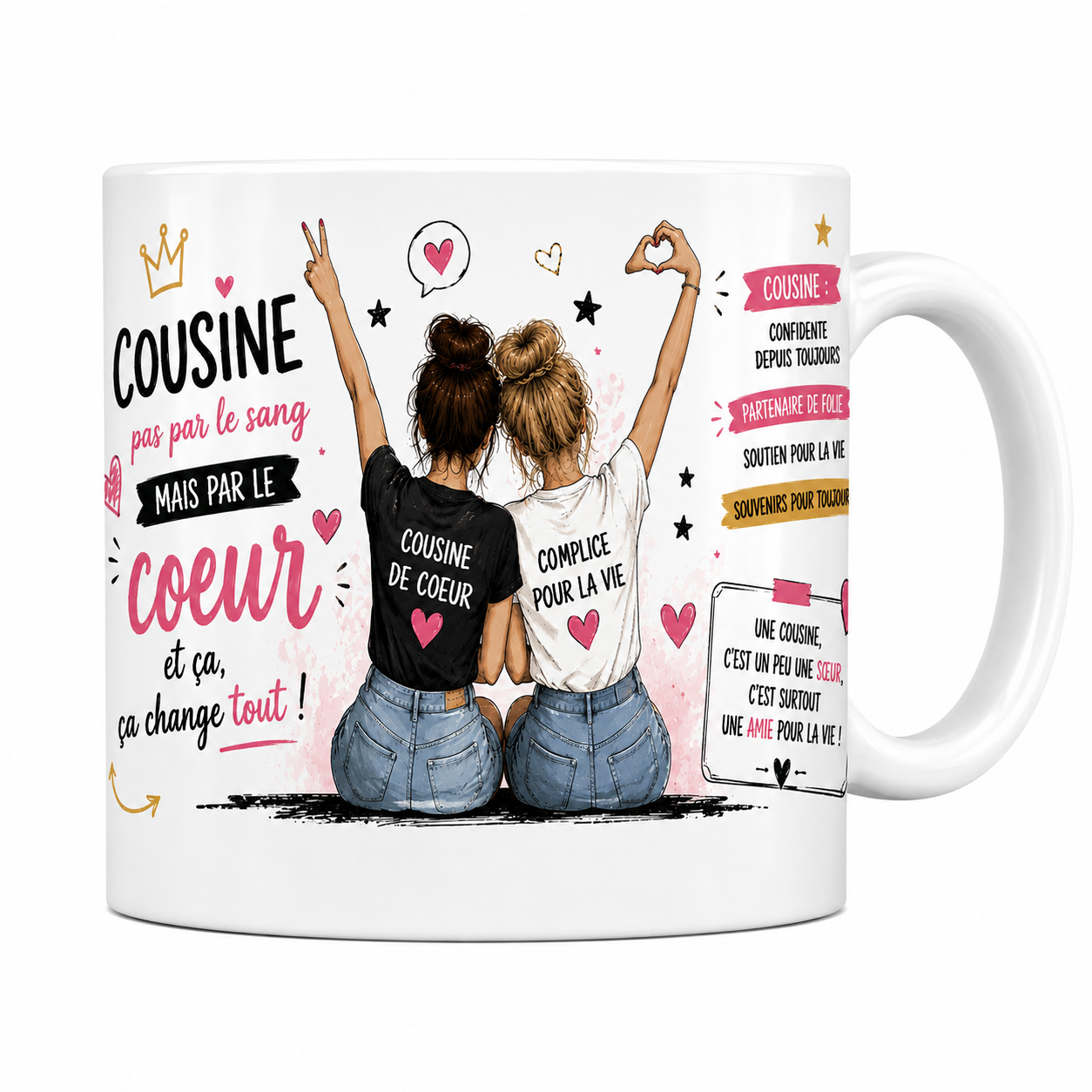 Mug cousine 330 ml, deux cousines de dos formant un cœur avec les mains