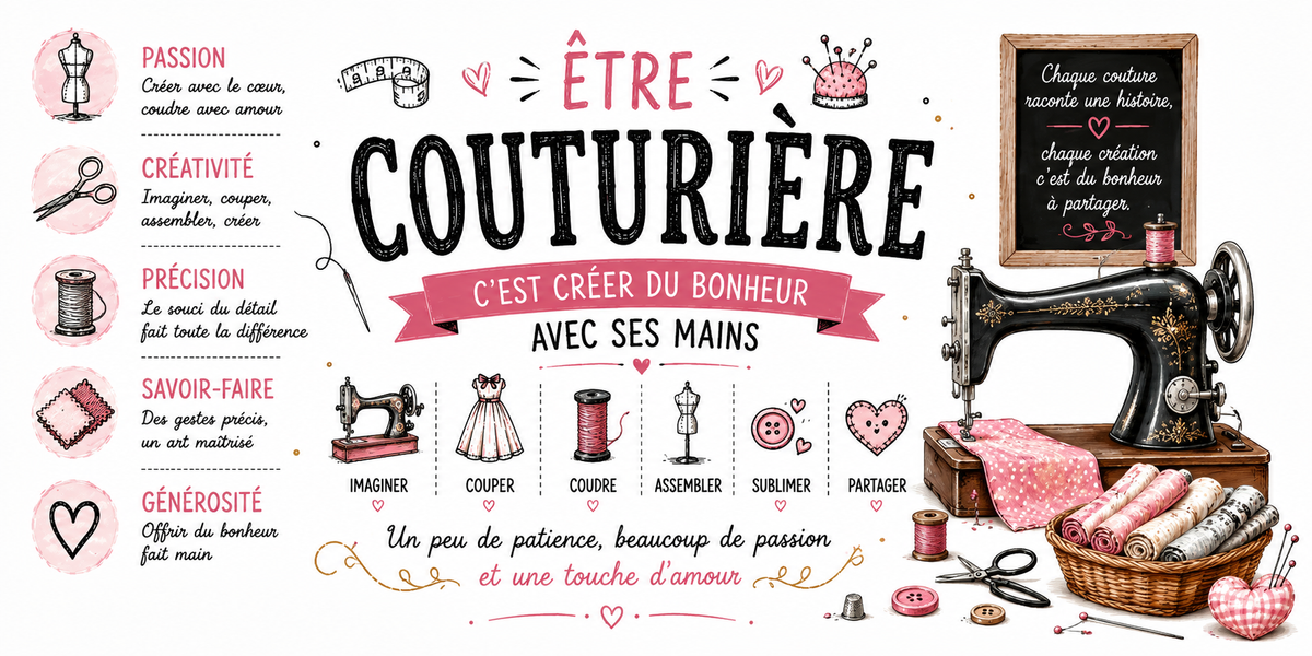 Visuel Être Couturière : machine à coudre noire, tissus roses, pictos passion, précision et savoir-faire