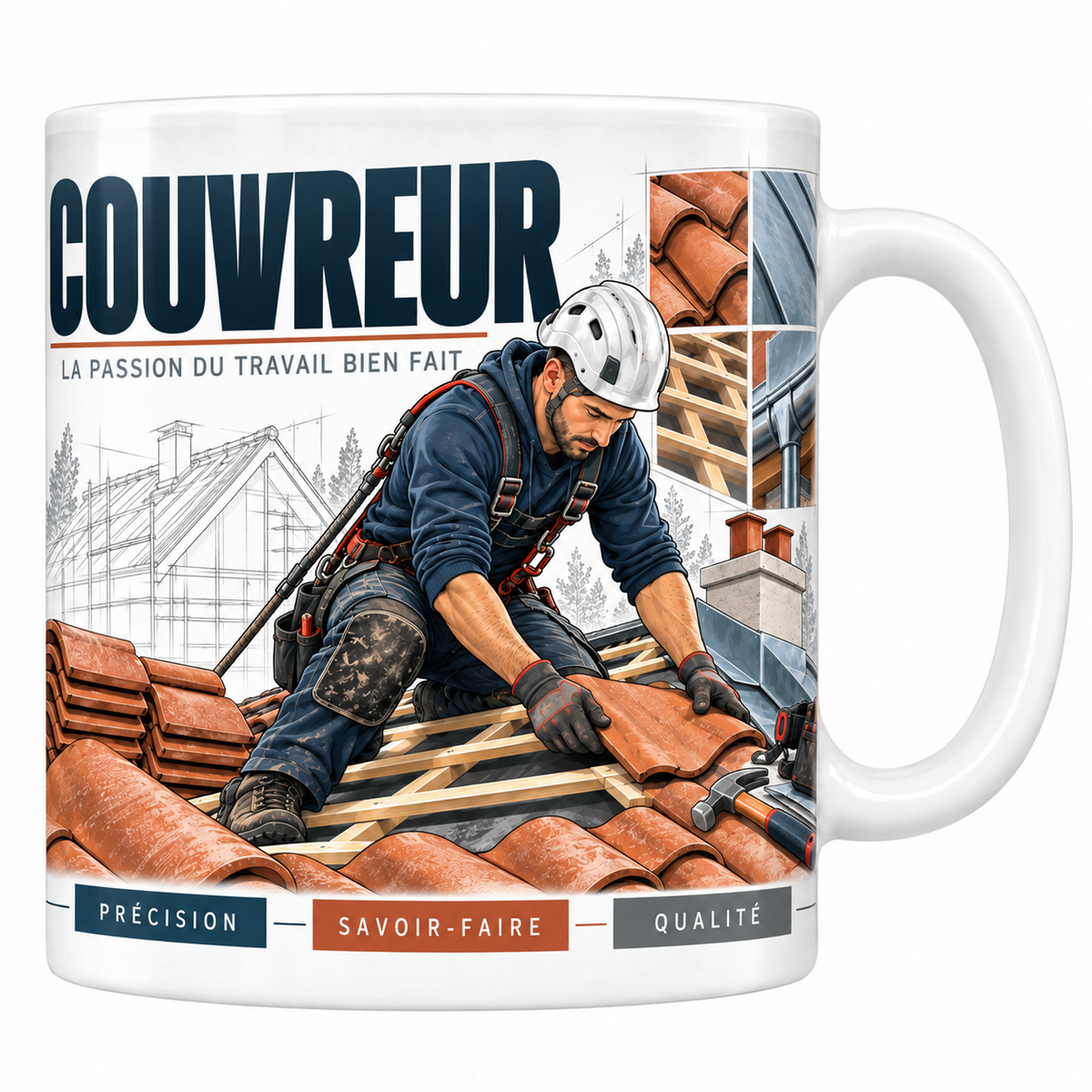 Mug céramique 330 ml « Couvreur, la passion du travail bien fait » : illustration technique d'un couvreur casqué posant des tuiles sur une charpente