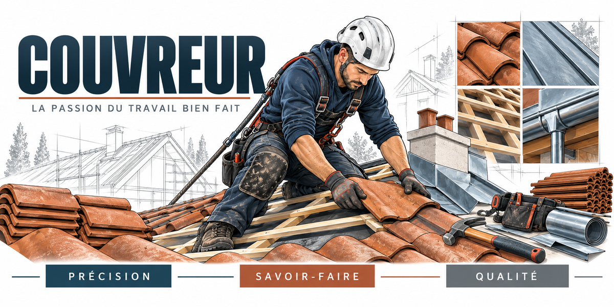 Visuel « Couvreur, la passion du travail bien fait » : couvreur casqué sur une toiture, tuiles empilées, charpente, liteaux et outils de couverture