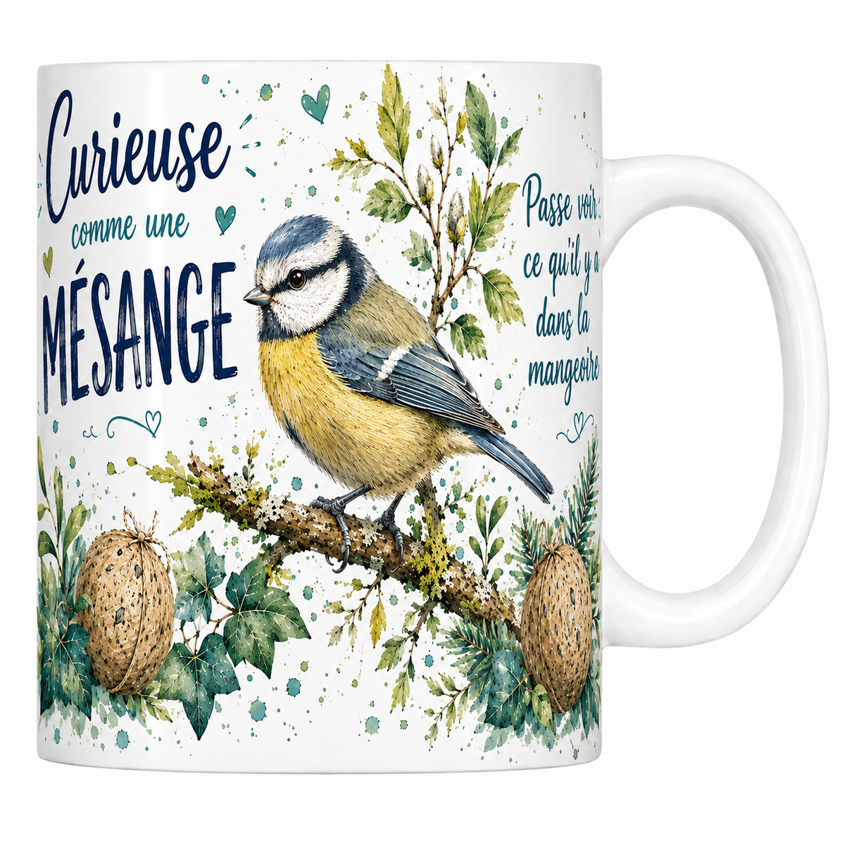 Mug céramique blanc « Curieuse comme une mésange », mésange bleue et boules de graines à l'aquarelle