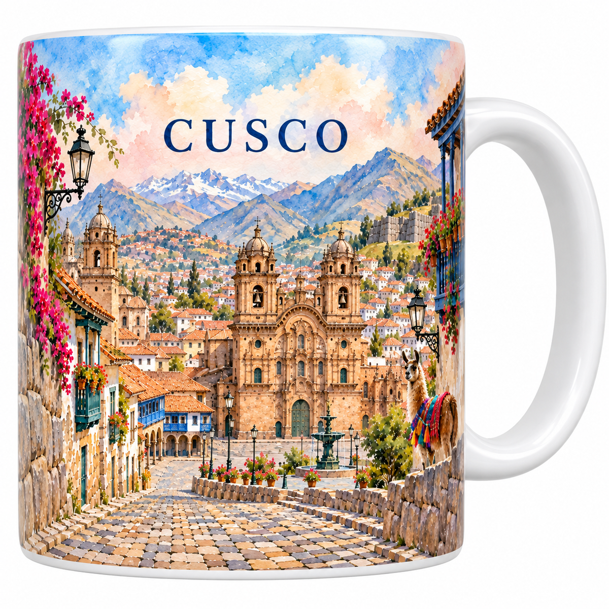 Mug en céramique blanche 330 ml illustré à l'aquarelle de Cusco : la Plaza de Armas, la façade baroque à deux clochers et les Andes enneigées