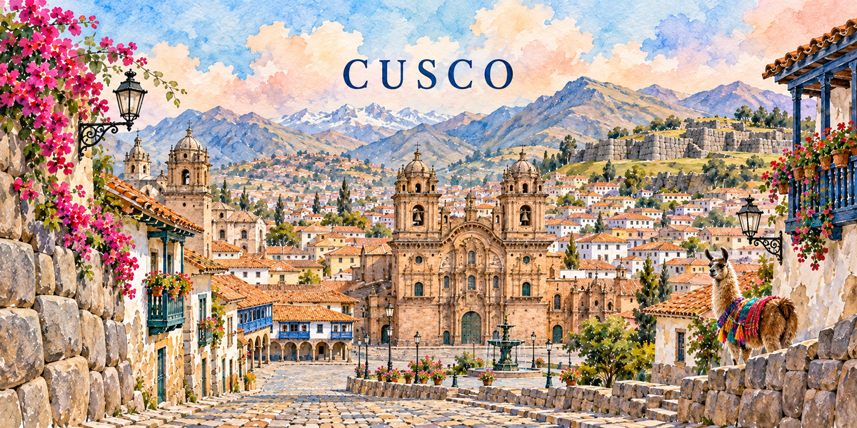 Illustration aquarelle de Cusco : une ruelle pavée bordée de murs incas, un lama sous sa couverture rayée, la Plaza de Armas, la façade baroque à deux clochers, les toits de tuiles et les Andes