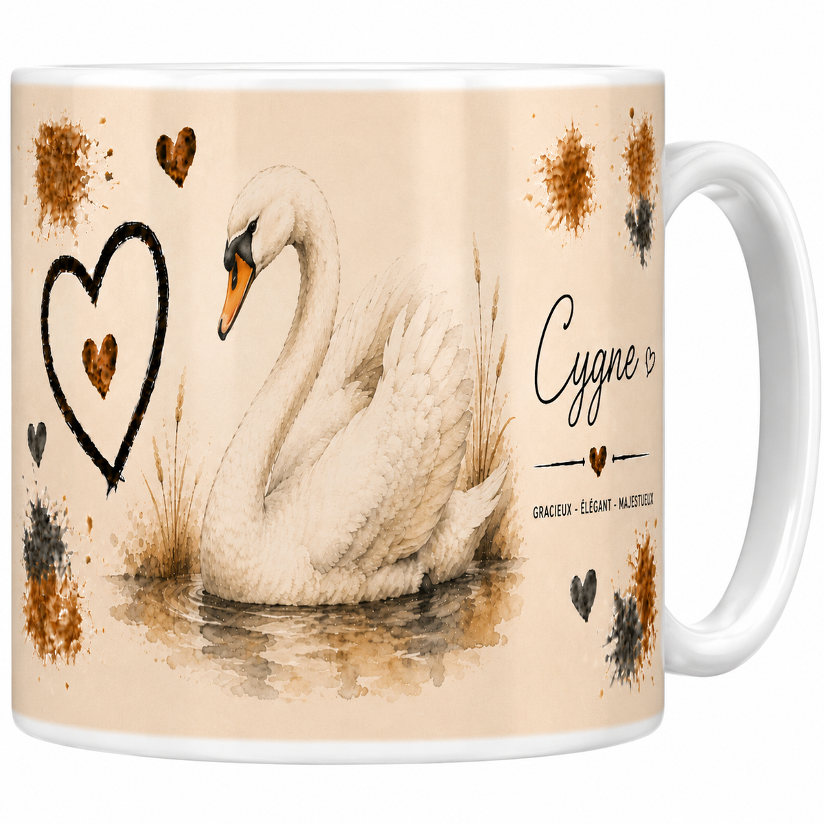 Mug céramique blanc Cygne « Gracieux, élégant, majestueux » : cygne blanc glissant sur l'eau, grand cœur