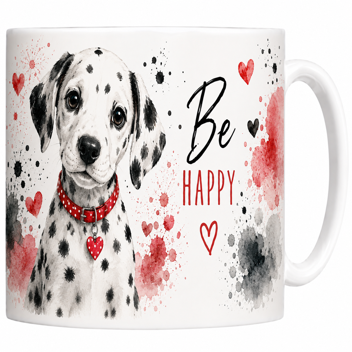 Mug céramique 330 ml dalmatien Be Happy : chiot dalmatien à collier rouge, taches noires et cœurs