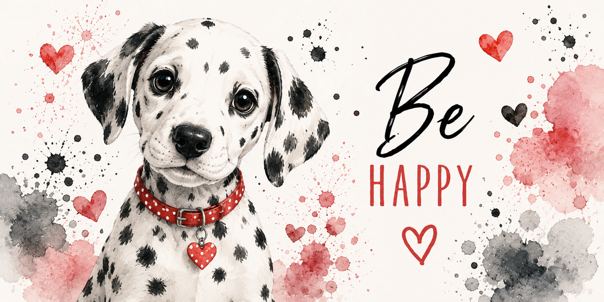 Visuel dalmatien Be Happy : chiot tacheté, collier rouge clouté, éclaboussures d'encre et cœurs rouges