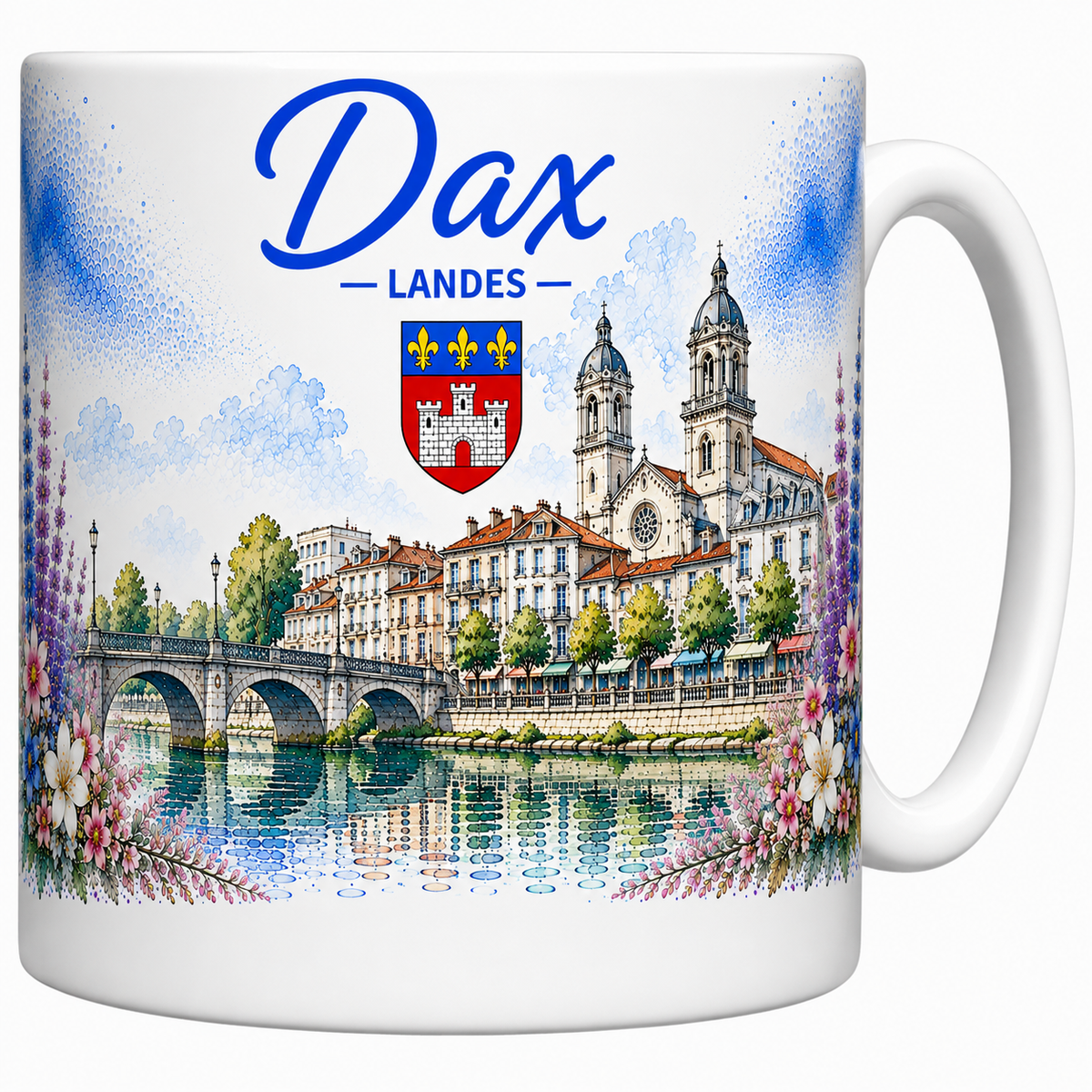 Mug céramique blanc Dax Landes : cathédrale, pont sur l'Adour et blason en aquarelle fleurie