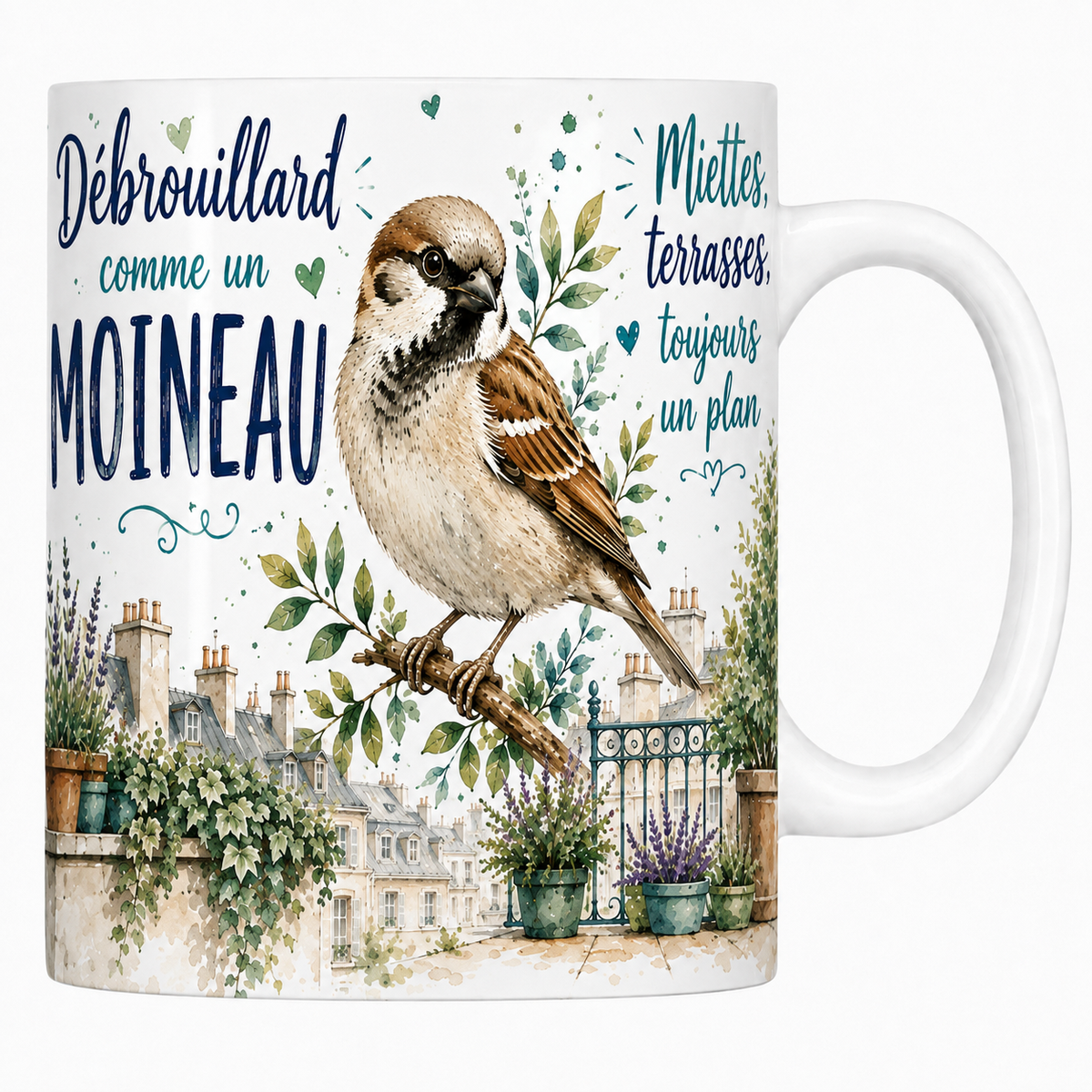 Mug céramique blanc « Débrouillard comme un moineau », moineau et toits de zinc à l'aquarelle