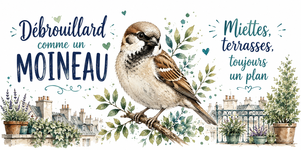 Moineau devant des toits de zinc à l'aquarelle : « Débrouillard. Miettes, terrasses, toujours un plan »