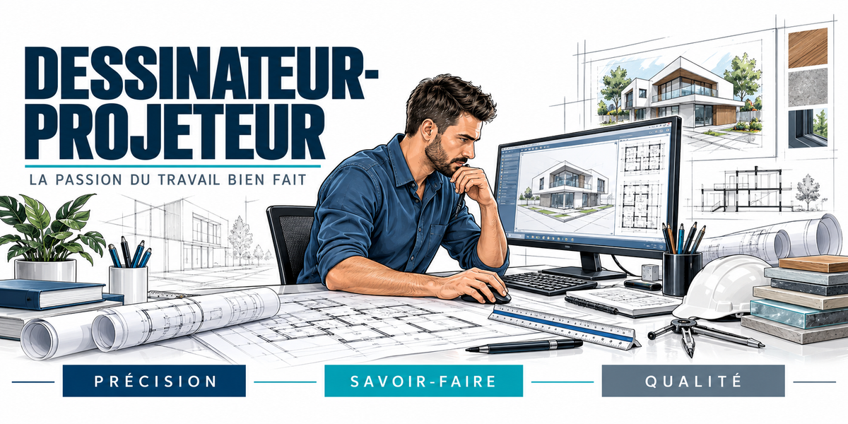 Illustration dessinateur-projeteur : homme à son bureau devant un écran affichant une maison en 3D et des plans CAO, rouleaux de plans, compas, règle et échantillons