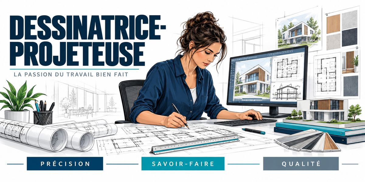 Illustration dessinatrice-projeteuse : femme à son bureau crayon en main devant un écran de rendu 3D, plans d'étage déroulés, échantillons et plante verte