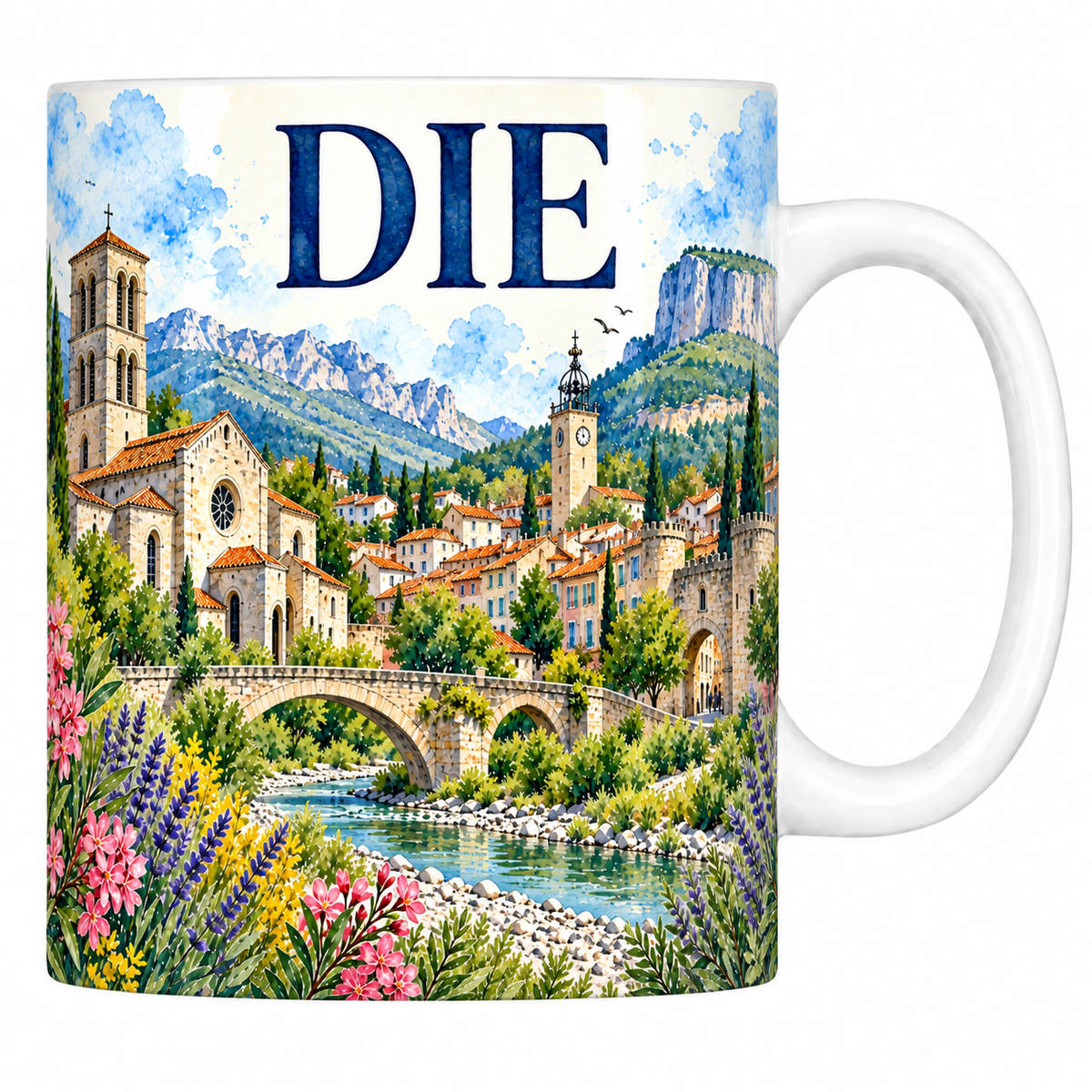 Mug blanc en céramique 330 ml illustré Die à l'aquarelle : cathédrale au clocher carré, pont de pierre sur la Drôme et falaises du Vercors