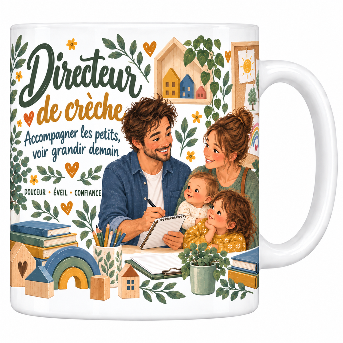 Mug céramique 330 ml « Directeur de crèche, accompagner les petits voir grandir demain » : illustration aux teintes ocre et vertes avec une famille et deux enfants