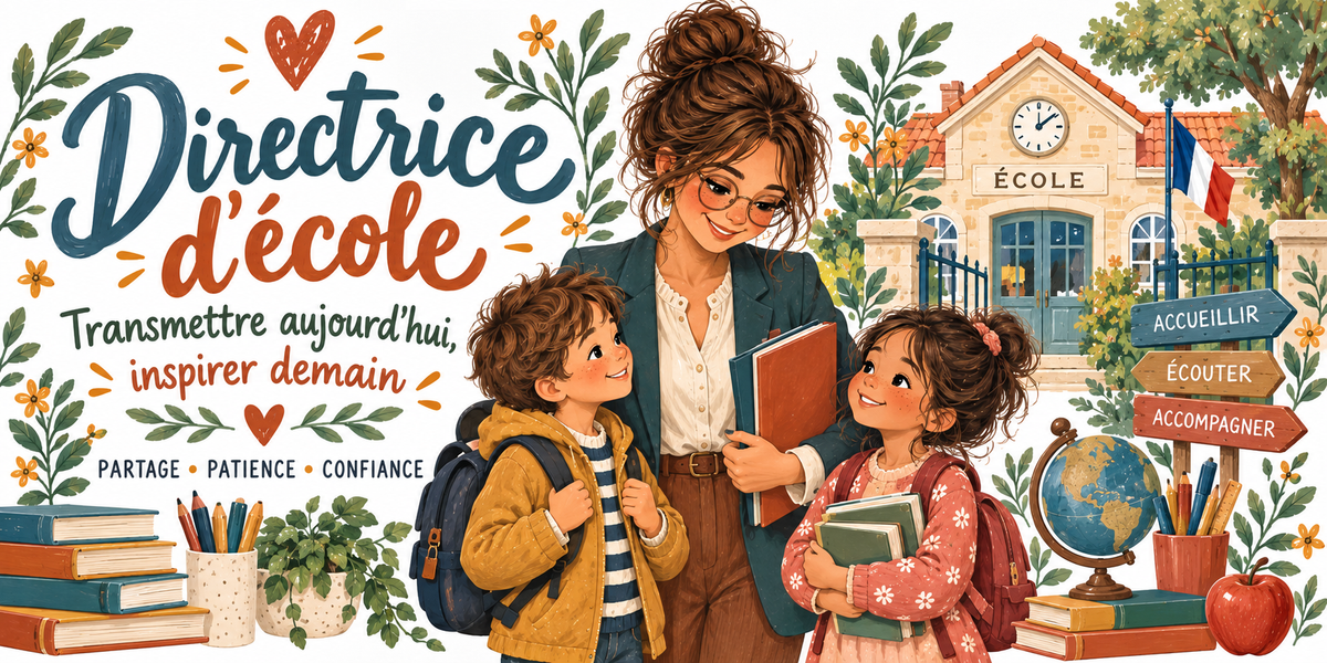 Visuel « Directrice d'école, transmettre aujourd'hui inspirer demain » : directrice devant la façade de l'école avec deux élèves, cartables, globe et crayons