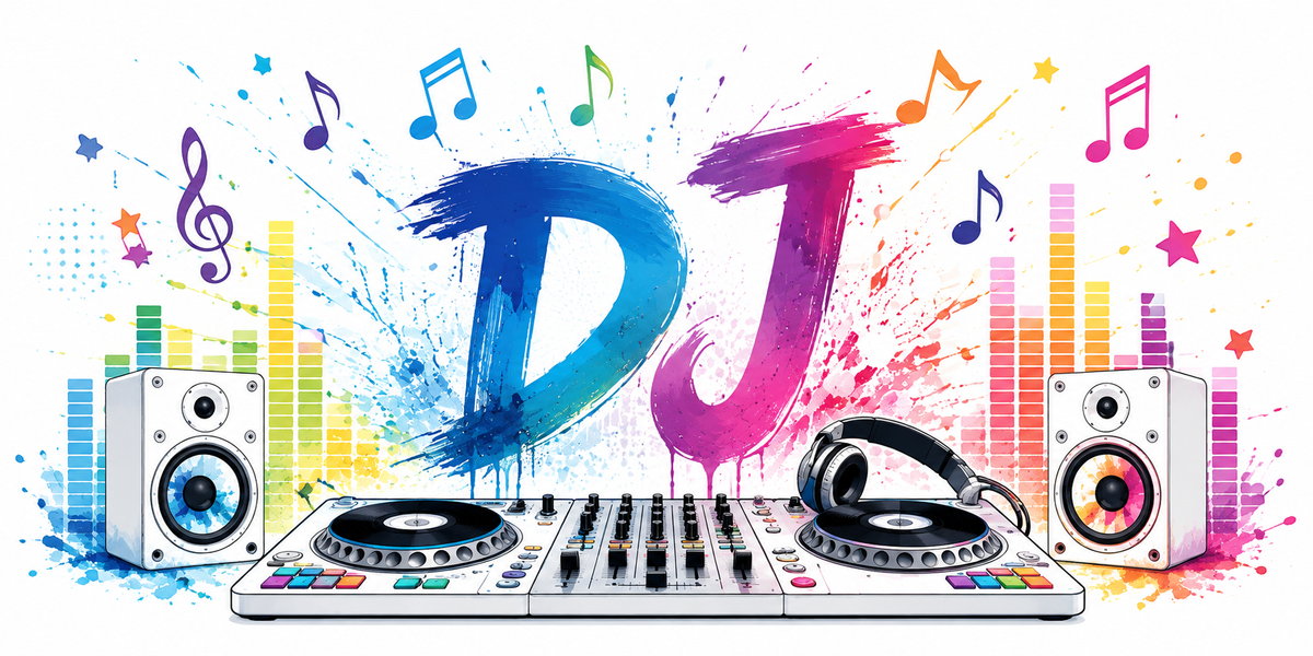 Visuel DJ : platines et table de mixage, enceintes, égaliseur coloré et notes de musique