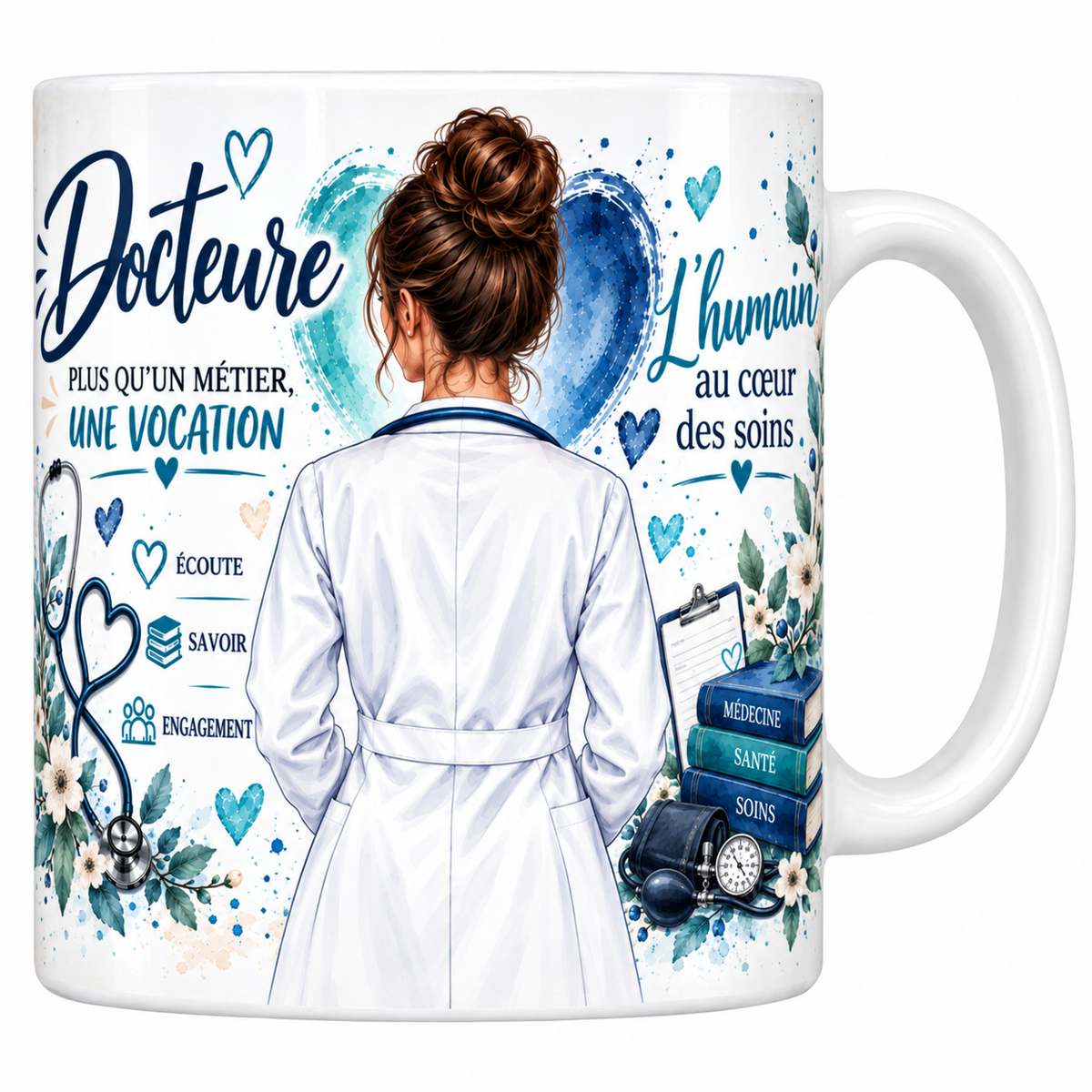 Mug céramique 330 ml « Docteure, plus qu'un métier une vocation » : illustration aquarelle bleue d'une médecin de dos en blouse blanche, stéthoscope et tensiomètre